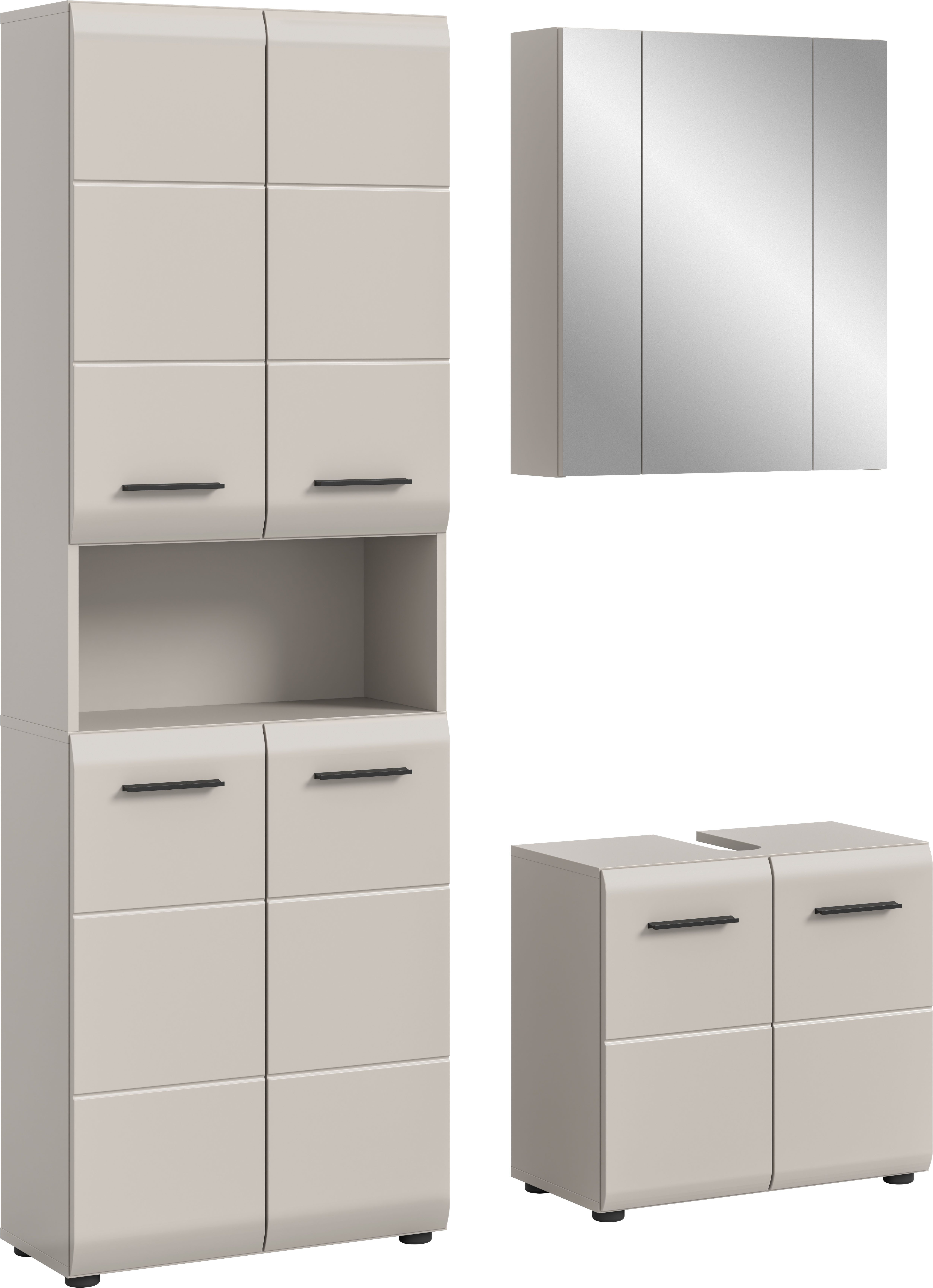 welltime Badmöbel-Set FLORENZ, 3-teilige Badkombination, hochwertige MDF-Front, (Set, 3-St., best. aus: 1 Hochschrank, 1Waschbeckenunterschrank, 1 Spiegelschrank), Bad-Kombination, Bad-Möbel, Badezimmer, Kombination, Kombi