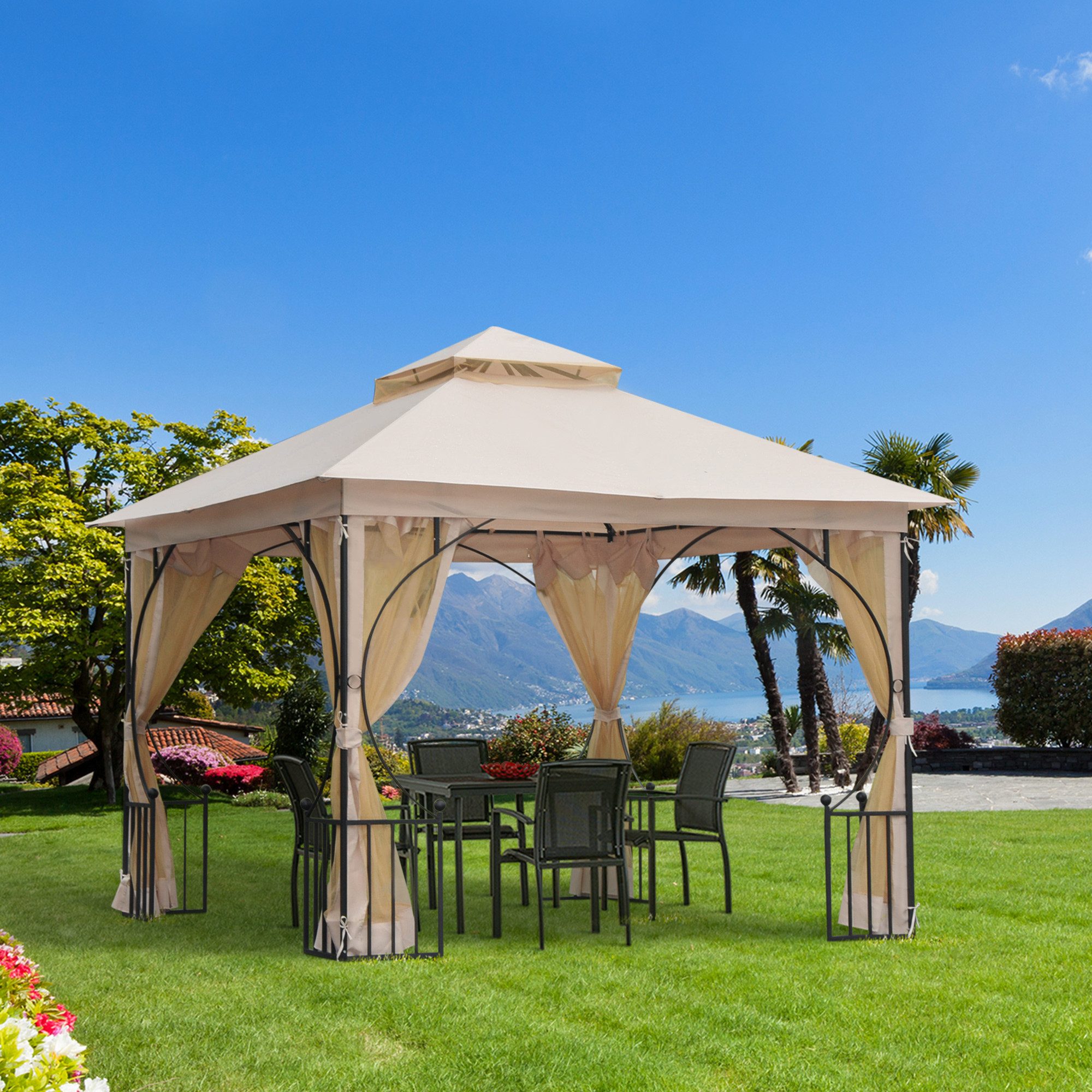 CHICFURN Pavillon Gartenzelt 295 x 295 x 275 cm mit Doppeldach, Beige + Schwarz, mit 4 Seitenteilen, (Packung), Mit Moskitonetz, 8 Ösen am Dachrand, Polyester