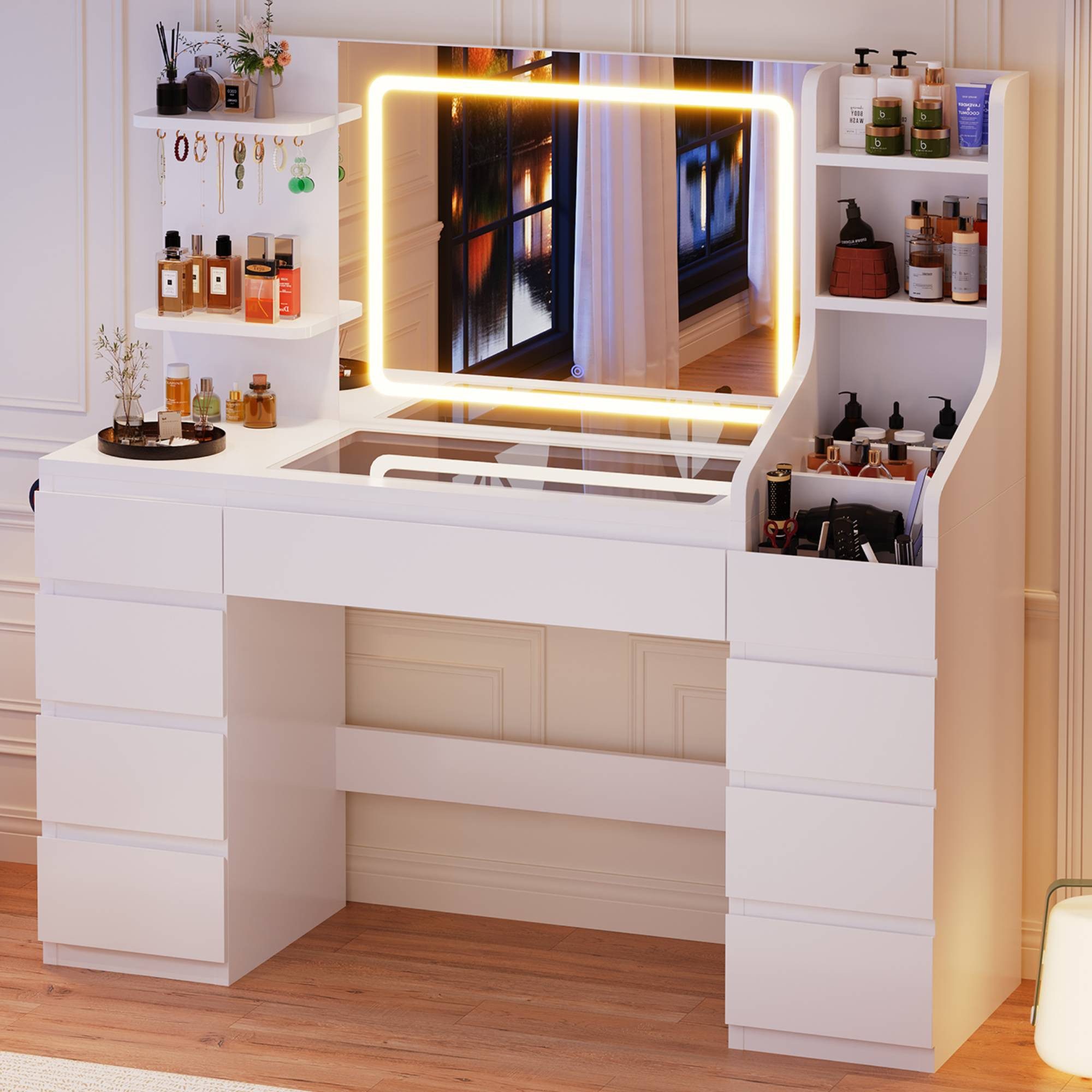 Furnicopia Schminktisch Großer Schminktisch mit LED-Beleuchtung, dimmbar, mit viel Stauraum (Maße: 135 × 40 × 137 cm, Arbeitsplatte aus gehärtetem Glas, mit 7 offenen Ablagefächern + 9 Schubladen, 2 Steckdosen + 1 USB-Anschluss + 1 Typ-C-Anschluss, Halter