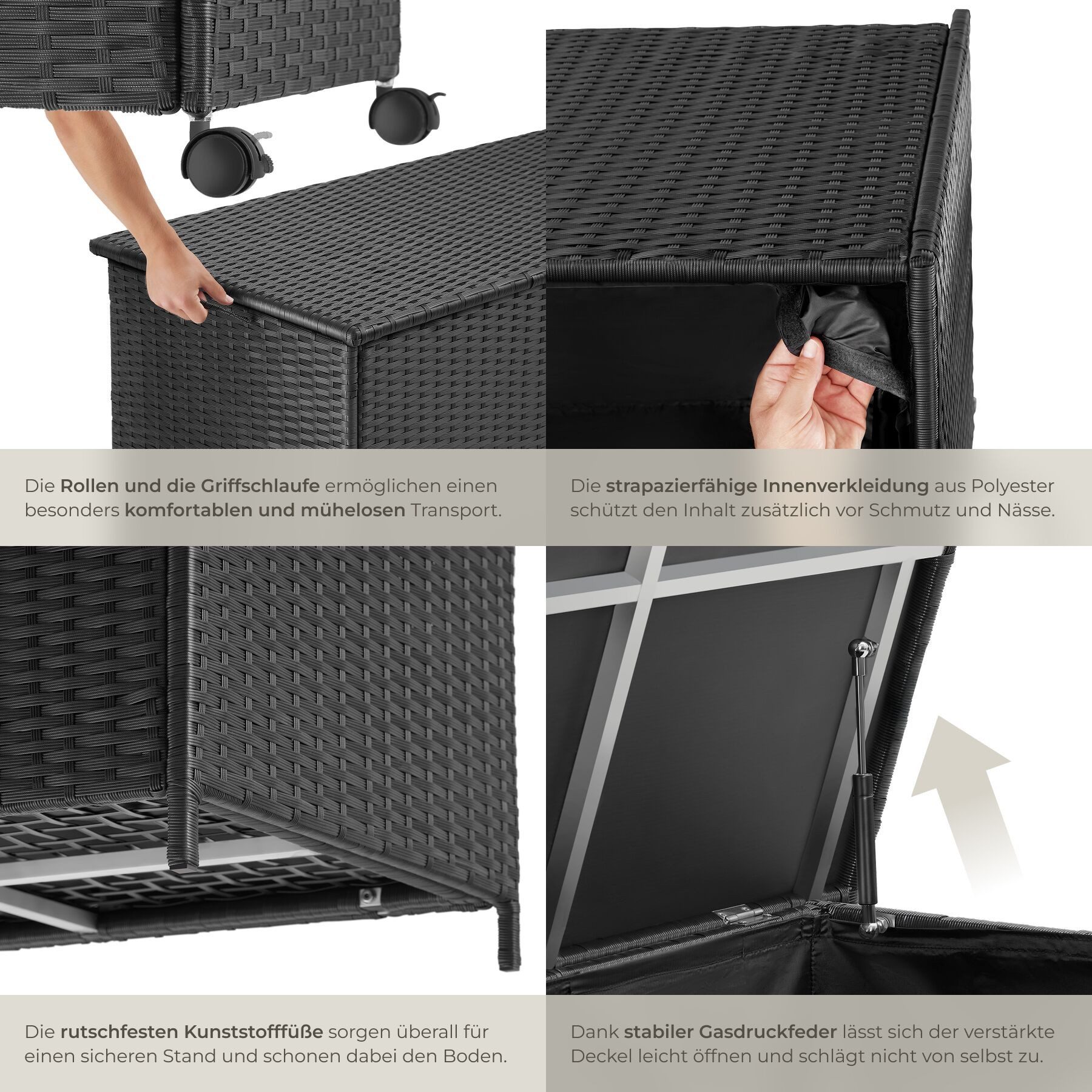 tectake Gartenbox Aluminium Auflagenbox mit Rattangeflecht, 116 x 54 x 64 cm (Kissenbox Kuusamo, in schwarz, 253 L), Griffschlaufe und 2 drehbare Rollen mit Fes – Bild 5 von 5