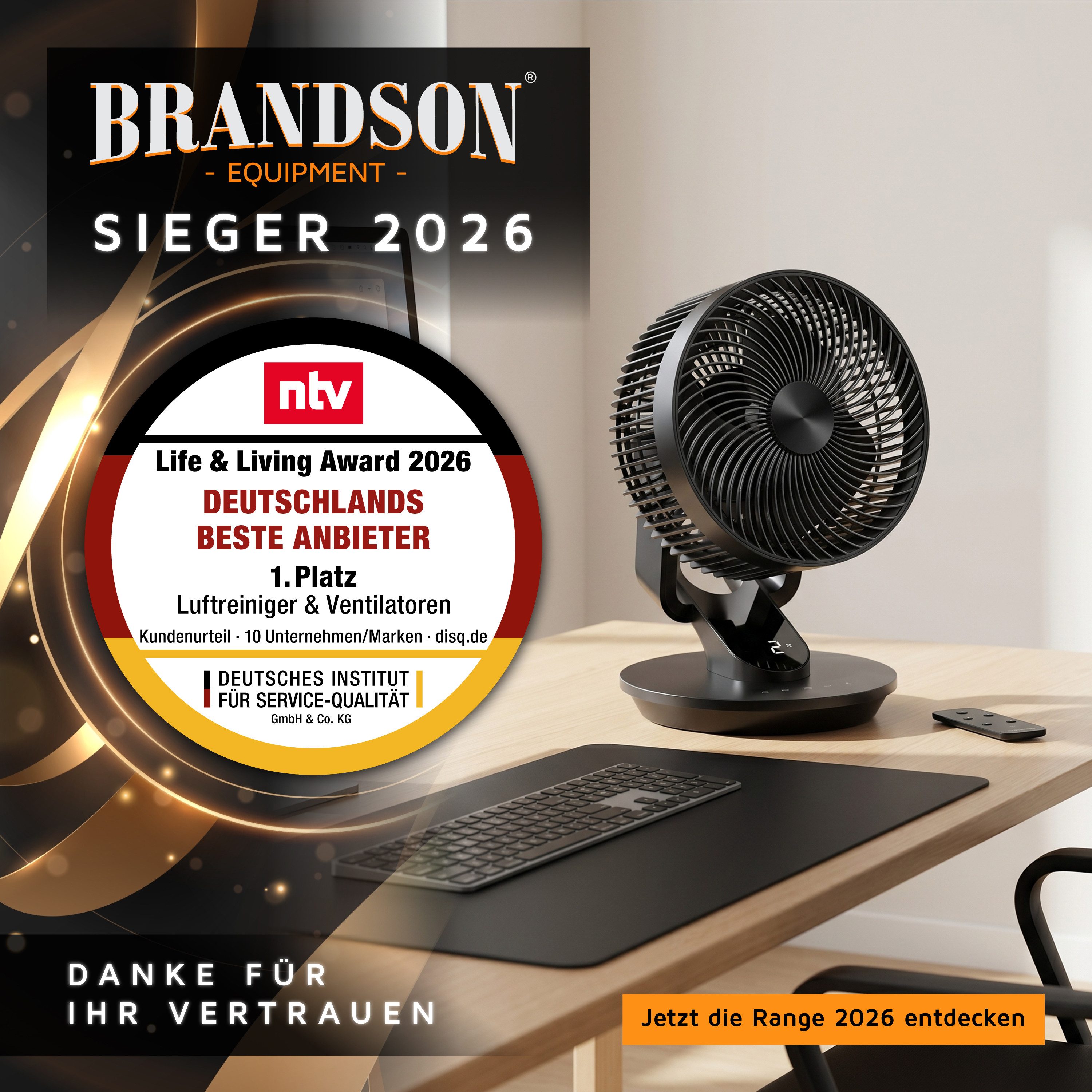 Brandson Tischventilator mit 3D Oszillation & Display, sehr leise, Fernbedienung, Timer, 42 cm Durchmesser, Sieger Ventilatoren & Luftkühler 2026, 6 Geschwindigkeitsstufen