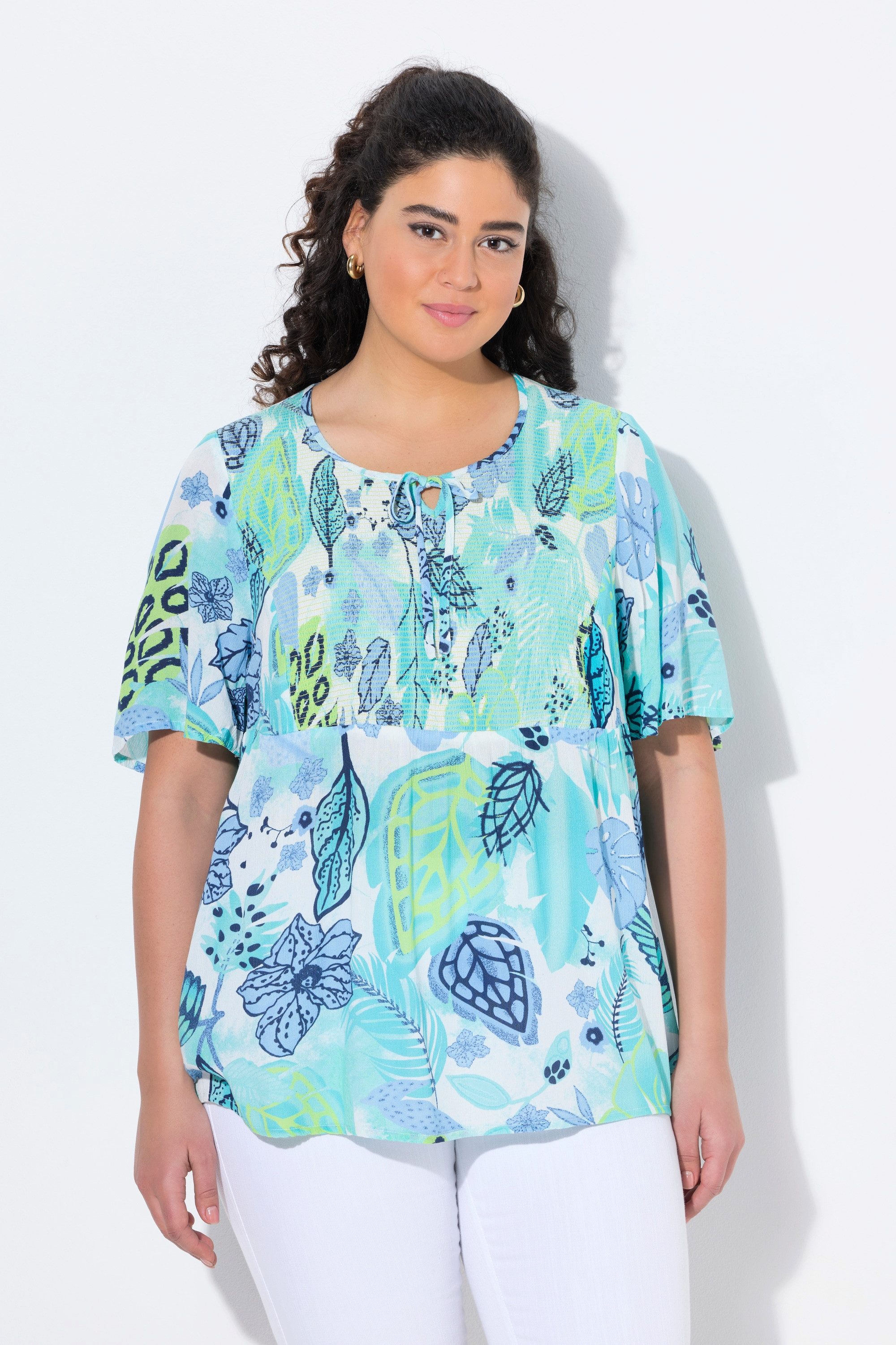 Ulla Popken Tunika Smok-Bluse Blätter A-Linie günstig online kaufen