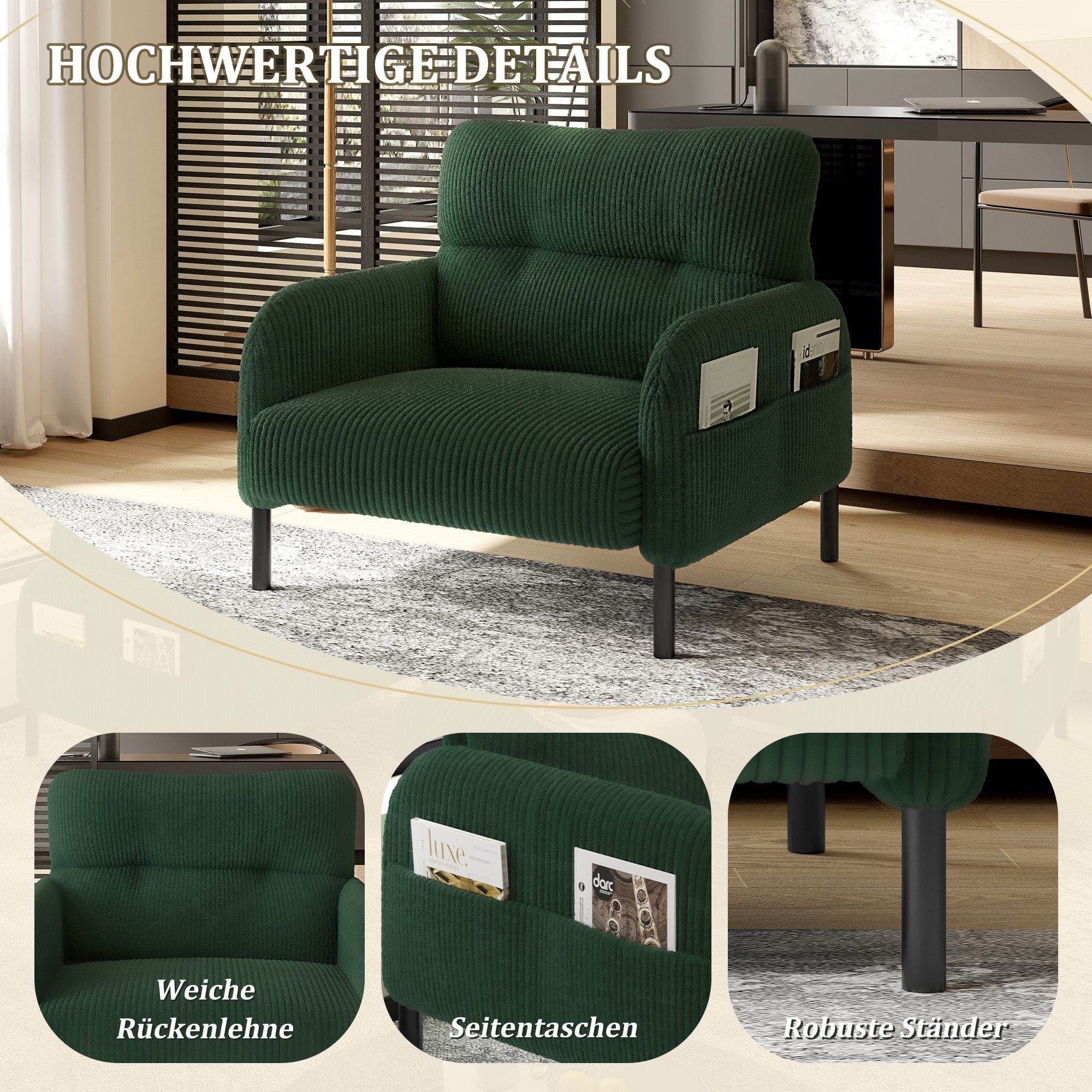 BlingBin Sessel Relaxsessel Polsterstuhl Loungesessel (1-St., Cordstoff, Armlehnen mit Seitentaschen auf beiden Seiten), für Wohnzimmer, Schlafzimmer, Arbeitszimmer, 67x75x79 cm
