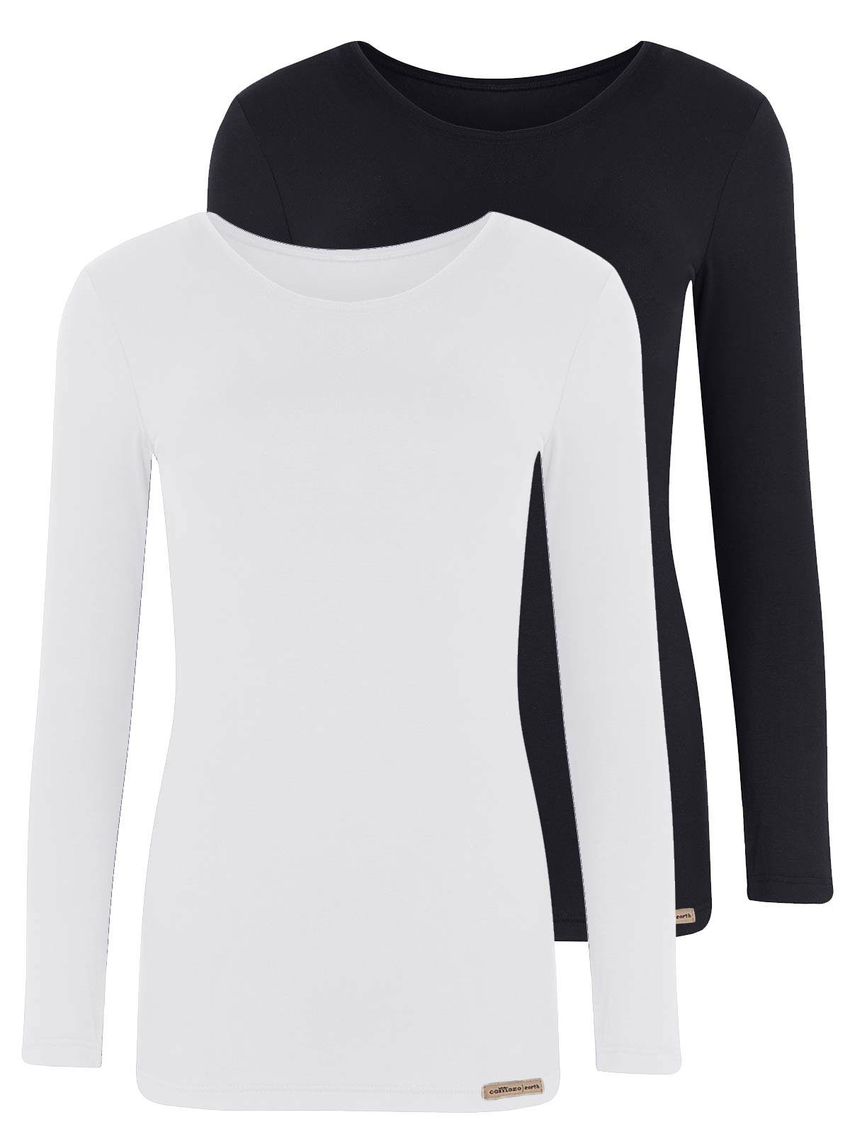Vegan COMAZO Baumwoll 2-St) Pack Unterziehshirt Shirt schwarz-weiss Langarm Damen (Stück, 2er