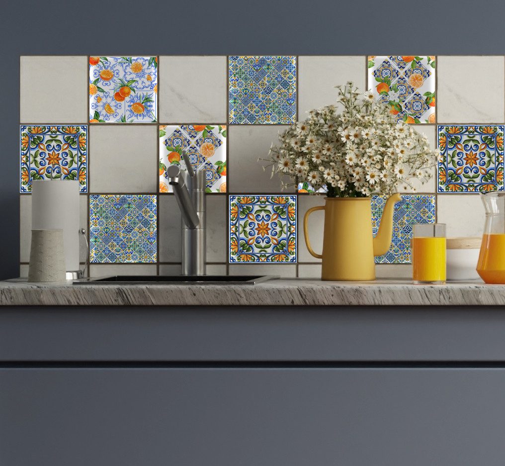 queence Fliesenaufkleber Ornamente mit Orangen (12 St), selbstklebend, 12er Set