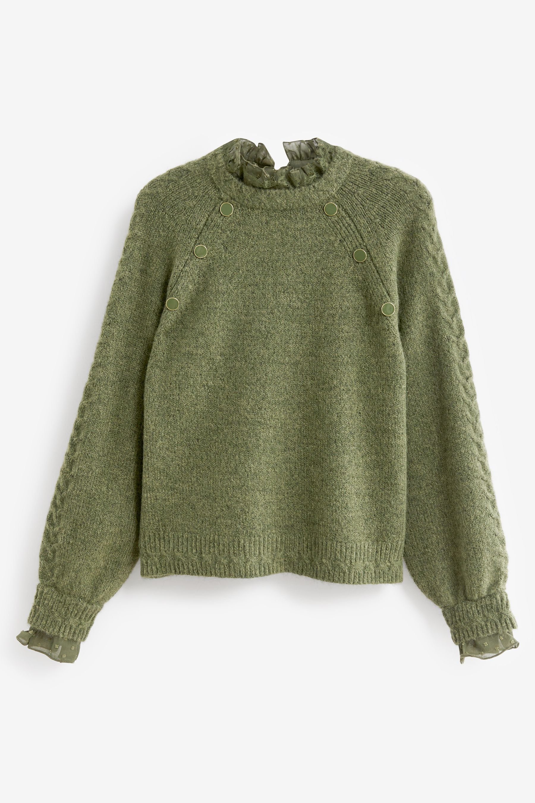 Lagenlook-Pullover Khaki (1-tlg) Green mit Stehkragenpullover und Next Stehkragen Knopfleiste