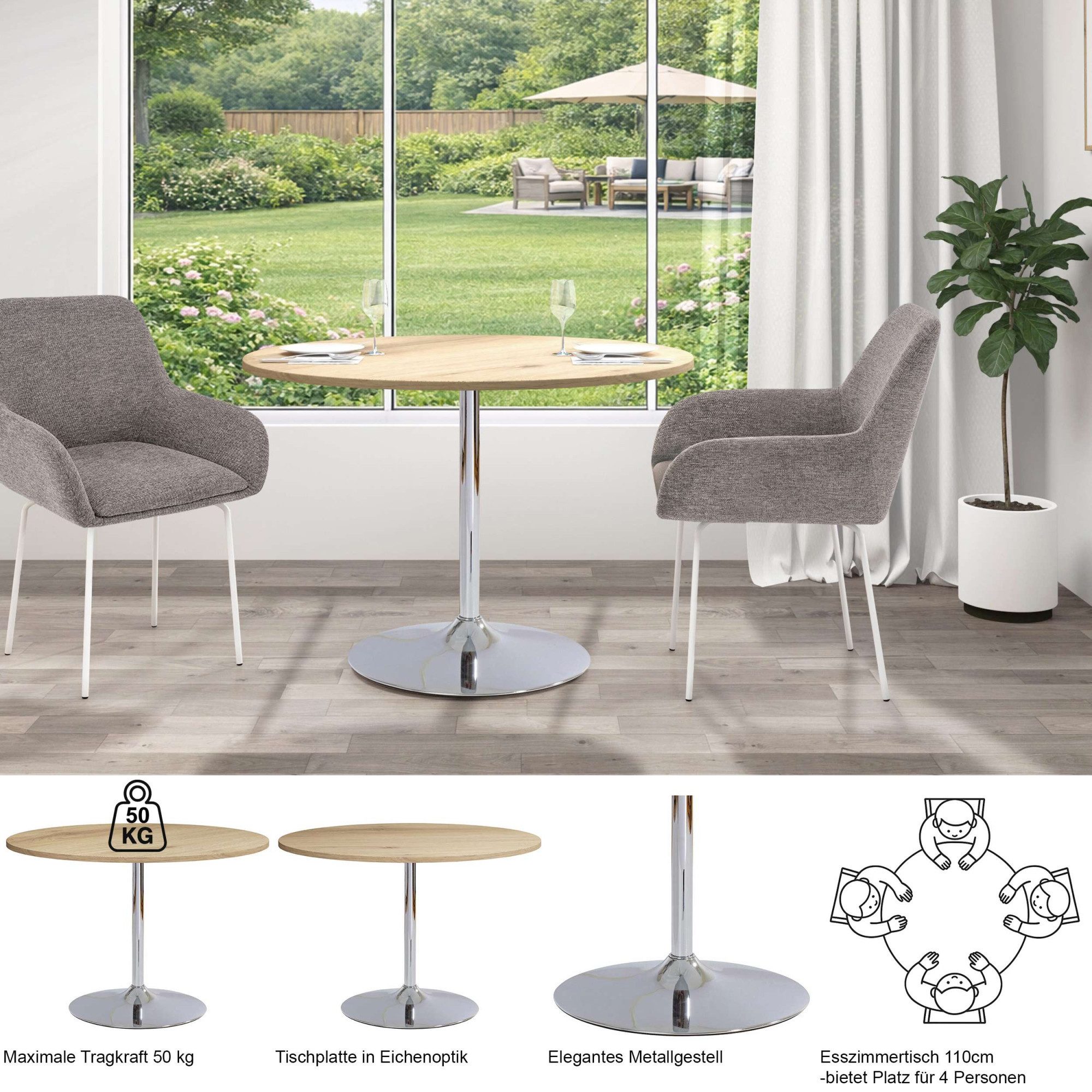 OTTO home Esstisch Trompet, rund, Ø110 cm, Tischplatte Hochglanz oder Holzoptik, Trompetenfuß