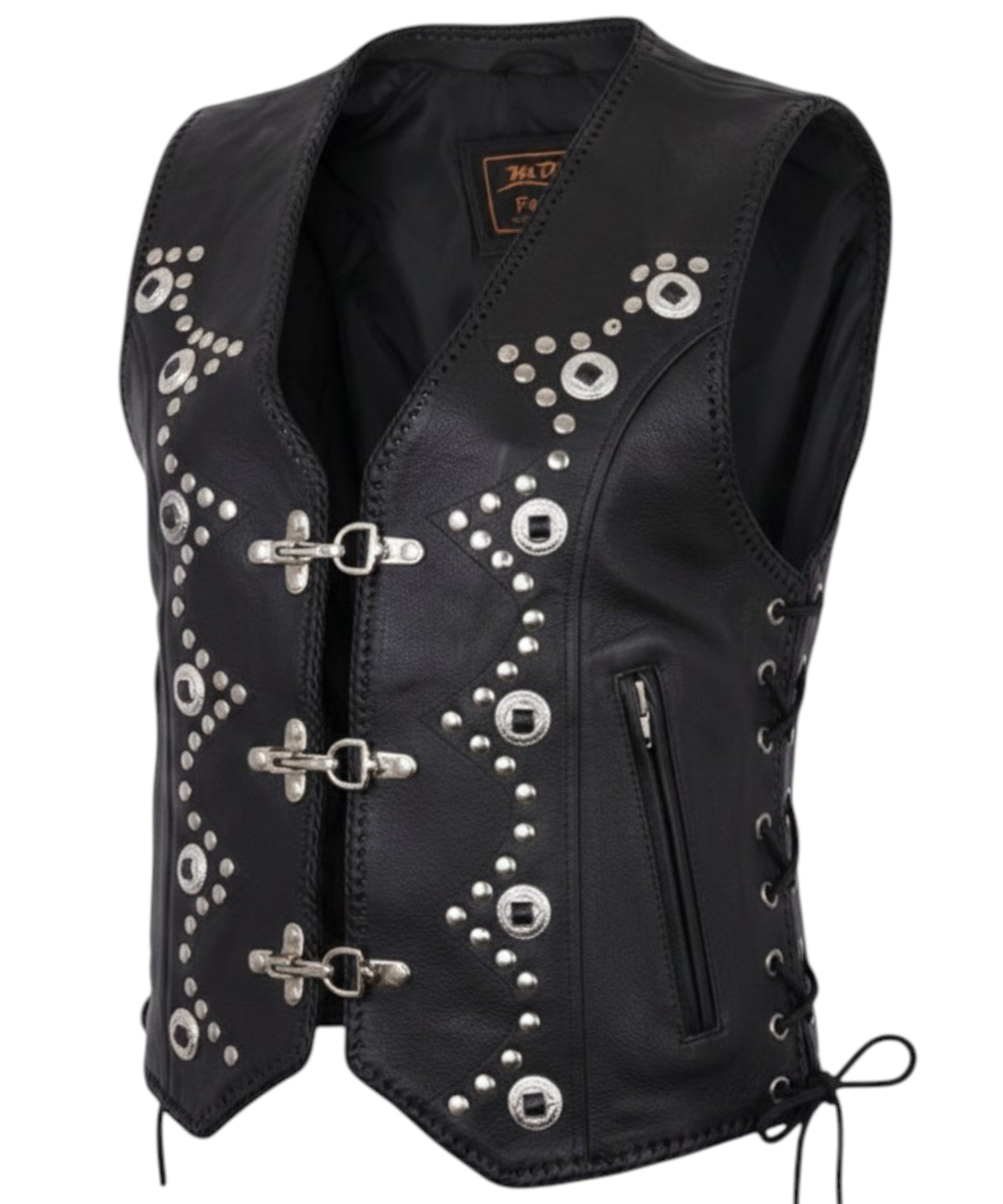 MDM Lederweste Damen Lederweste Schwarz mit Nieten Conchos und Schnallen (Damen Bikerweste aus Echtleder mit Nieten, Conchos und Schnürung) Damen Biker Lederweste mit Nieten, Conchos und Schnürung