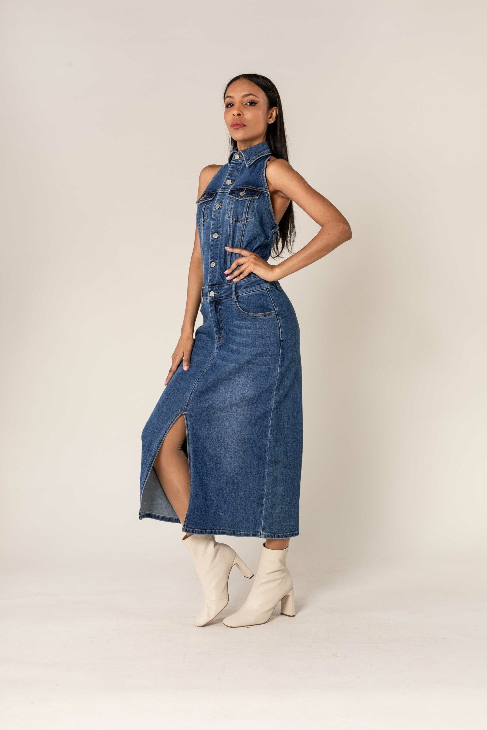 Nina Carter Shirtkleid Eleganter Neckholder Jeans Kleid Midi Rock Denim Dress (lang) 7556 in Blau