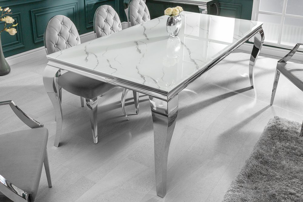 riess-ambiente Esstisch MODERN BAROCK 180cm grau / weiß (Einzelartikel, 1-St), Marmor-Design · Glasplatte · Edelstahl-Beine · bis 8 Personen – Bild 4 von 5