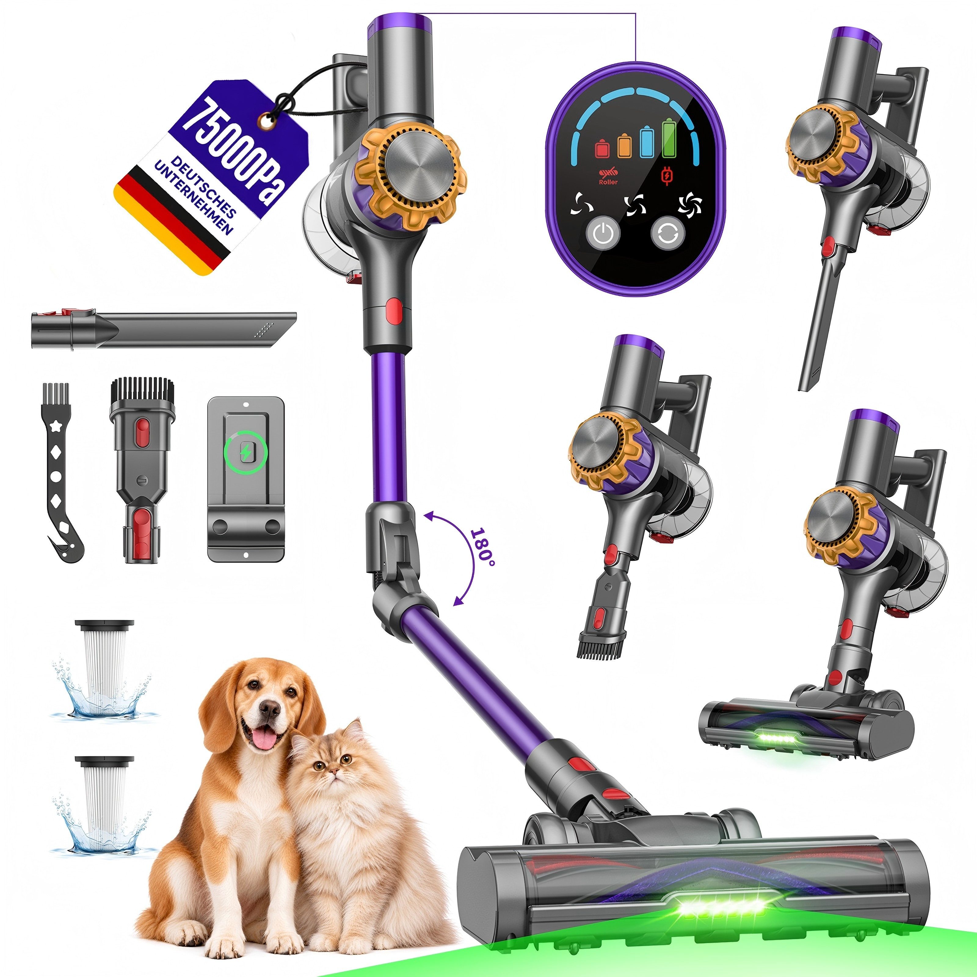 DyMona Akku-Hand-und Stielstaubsauger Akkustaubsauger 75000Pa/600W/70Min Staubsauger Kabellos Selbststehend, Elektrischer Staubsauger mit Flexibles Biegegelenk,1,2L Behalter, Anti-Tangle,Green LED,für Hartböden Teppiche Tierhaare Auto