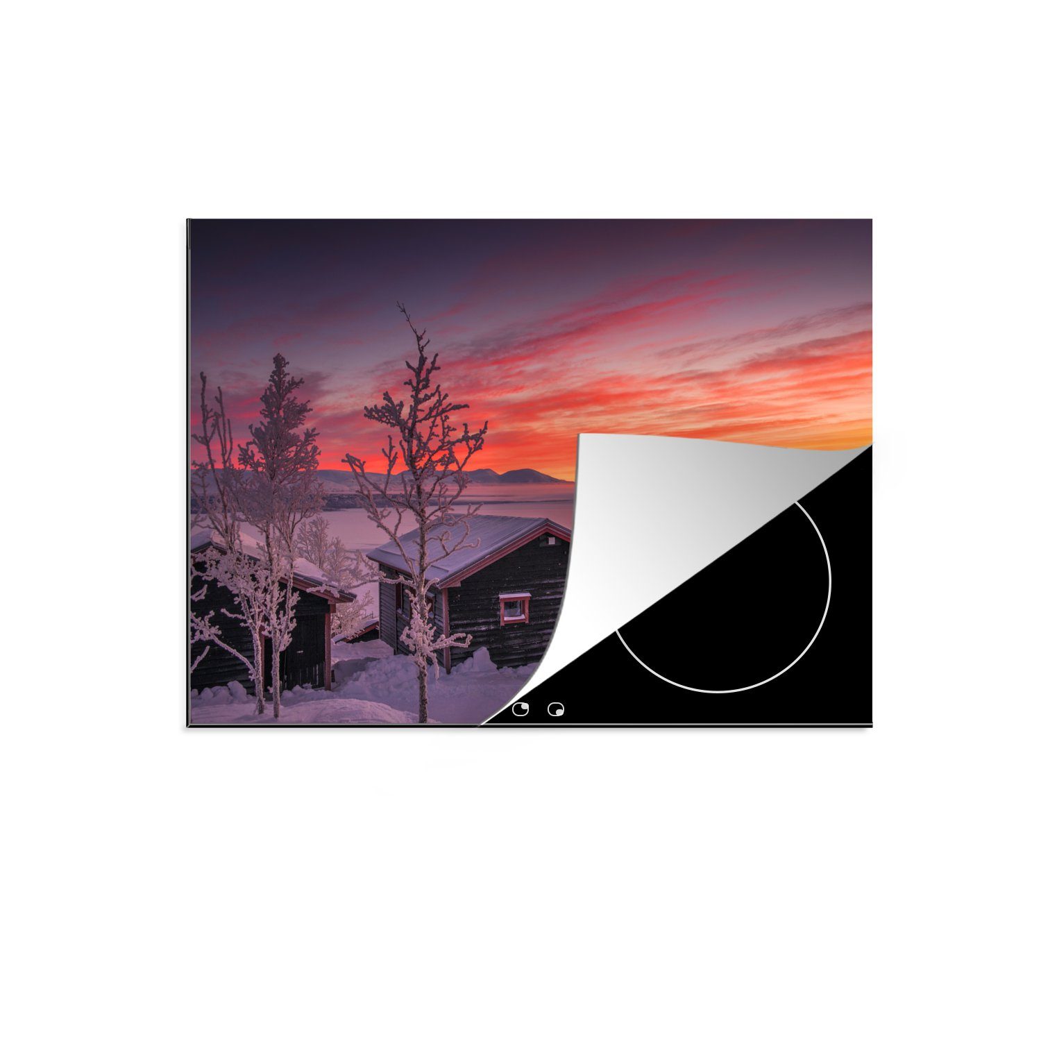 auf, cm, vor Das tlg), einigen in Lappland Ceranfeldabdeckung MuchoWow (1 Vinyl, Arbeitsfläche nutzbar, Hütten 70x52 Mobile steigt Morgenlicht Herdblende-/Abdeckplatte