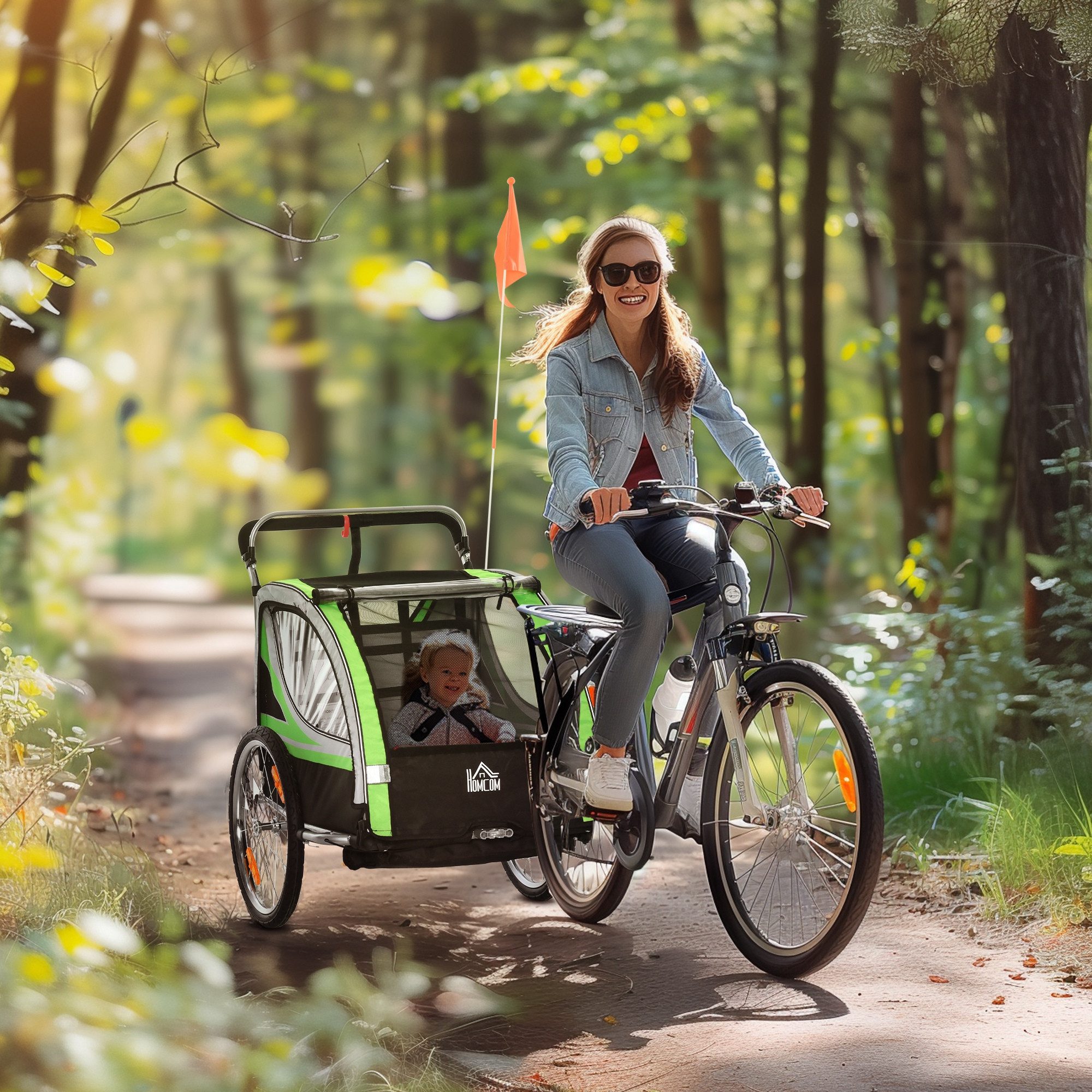 HOMCOM Fahrradkinderanhänger 2 in 1 Kinderanhänger, Fahrradanhänger Kinderfahrradanhänger, für Garten, Balkon, Grün+Schwarz