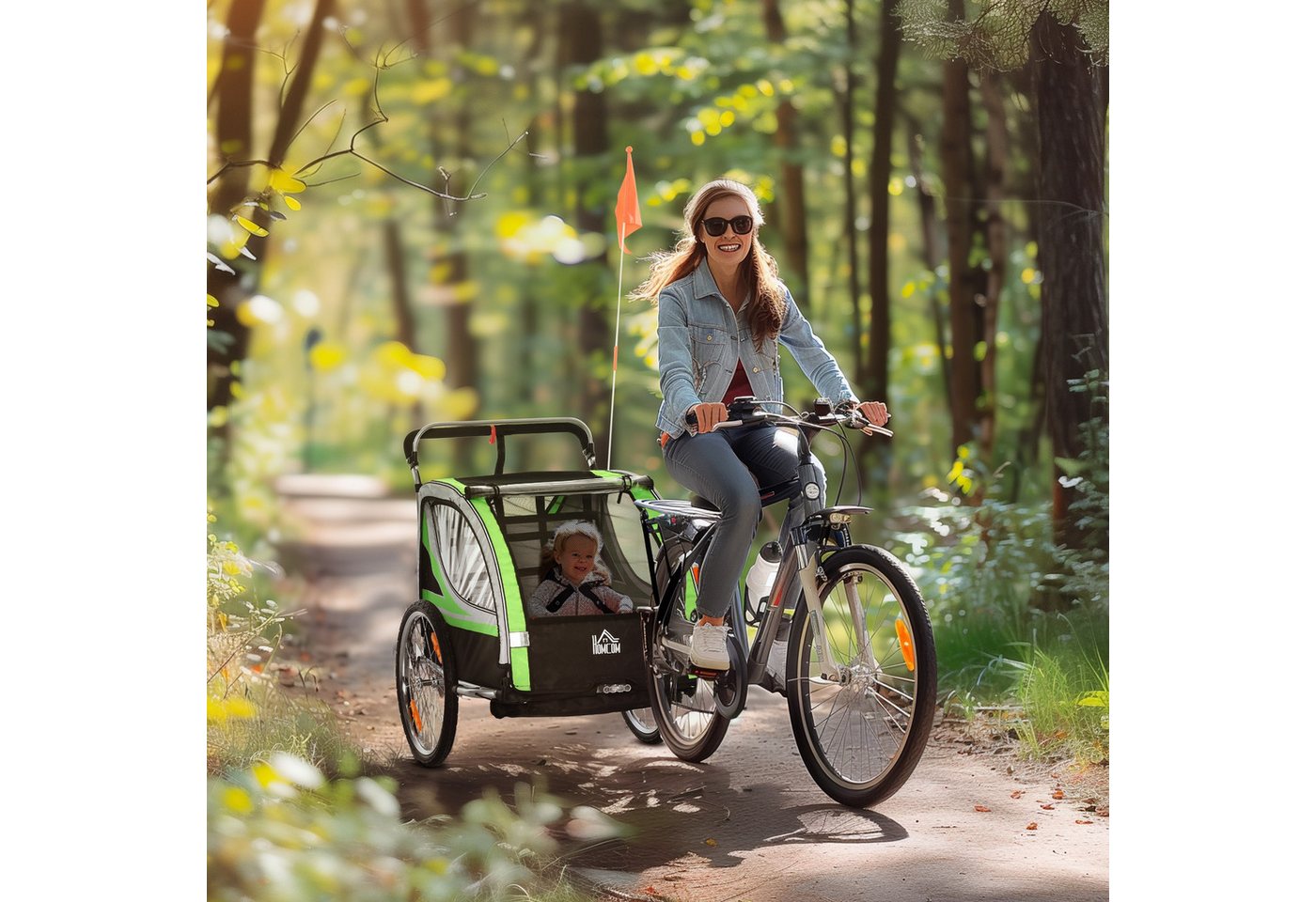 Thumbnail - HOMCOM Fahrradkinderanhänger 2 in 1 Kinderanhänger, Fahrradanhänger Kinderfahrradanhänger, für Garten, Balkon, Grün+Schw...