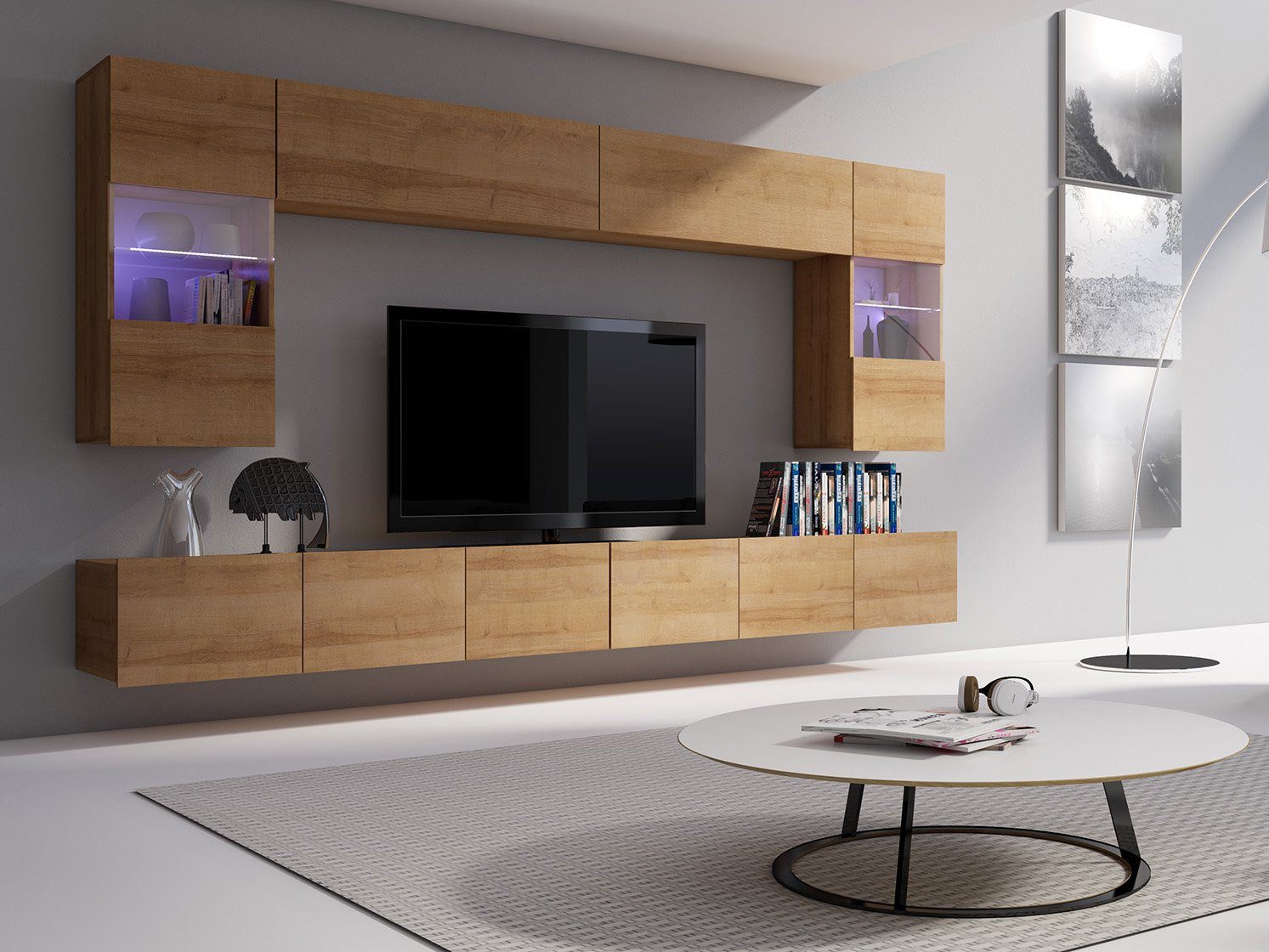 Beautysofa Wohnwand Calabrini I Modernes Möbelset für das Wohnzimmer, (Vitrinen, TV-Schränke & Regale, elegante Möbelwand), Optional mit LED-Beleuchtung oder ohne LED erhältlich