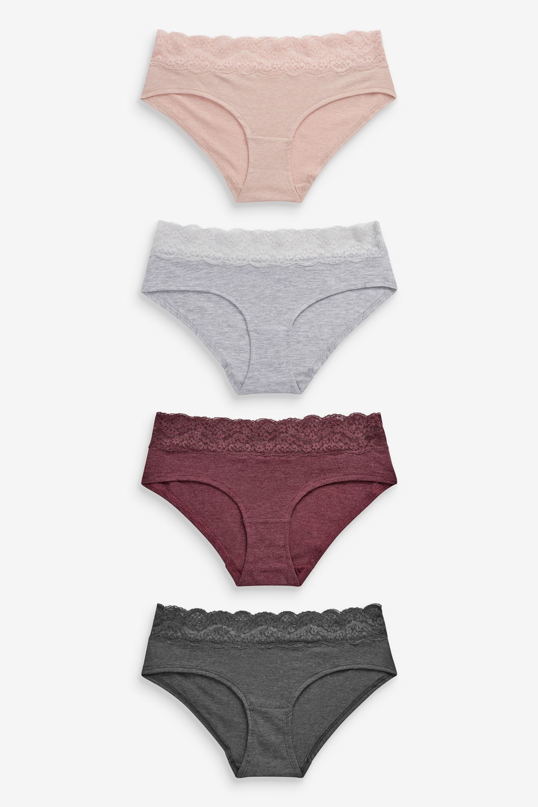 Next Pagenslip Baumwollshorts mit Spitzenbesatz, 4er-Pack (4-St) Grey Marl/Pink/Plum