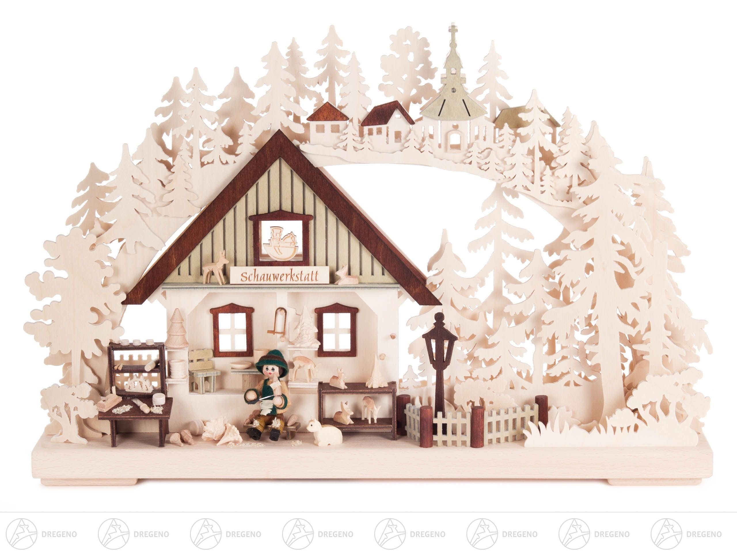 Dregeno Erzgebirge Lichterbogen Schwibbogen "Schauwerkstatt" mit Schnitzer, klein, indirekt