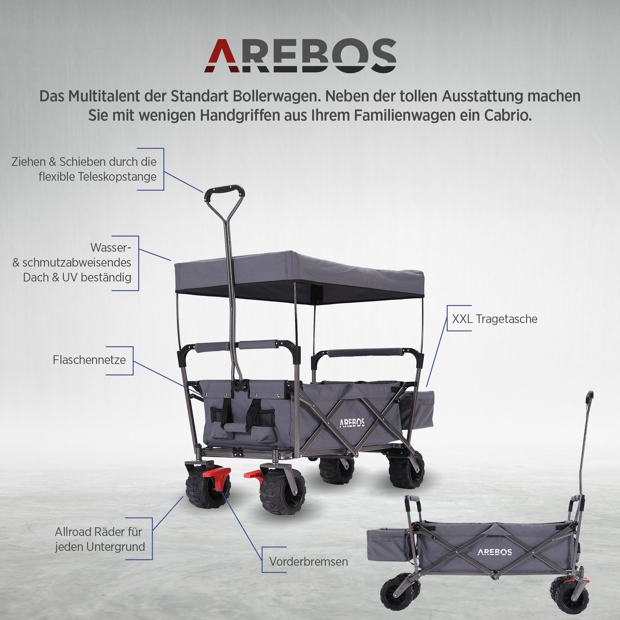 Arebos Bollerwagen faltbarer Handwagen mit Dach – Transportkarre für Garten & Freizeit, Maße 124 x 60 x 128 cm – Bild 4 von 5