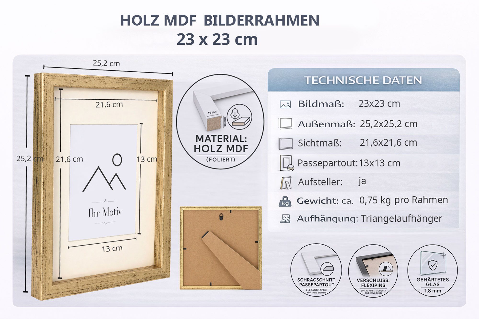 IDEAL TREND Bilderrahmen 3D Objektrahmen Bilderrahmen mit Passepartout & gehärtetem Glas Holz M, für 1 Bilder (1 St), MDF Bilderrahmen mit Passepartout und gehärtetes Glas