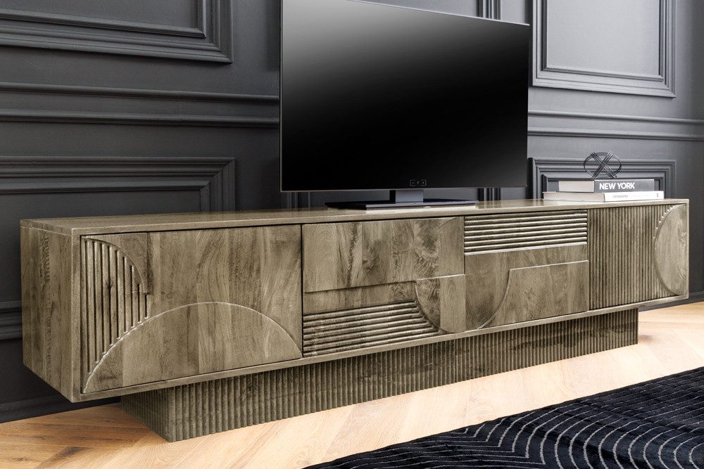 riess-ambiente Lowboard ART DECO 200cm grau - Massiv-Mangoholz, 3D-Front, Stauraum, Kommode (Einzelartikel, 1 St), fertig montiertes TV-Board - ideal für moderne Schlaf- und Wohnzimmer