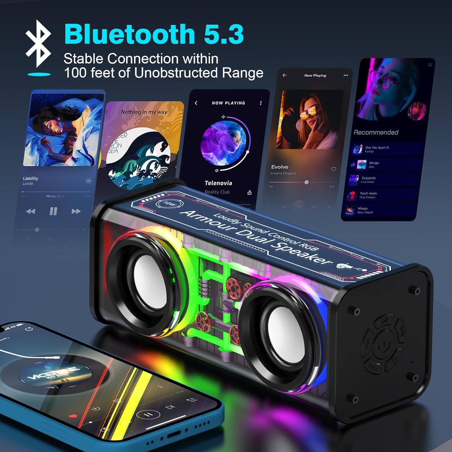 VBESTLIFE Bluetooth Lautsprecher mit LED Licht, 5.3 Wireless Speaker, tragbar Bluetooth-Lautsprecher 2.0 (Bluetooth 5.3, 5 W, Kompakte Bauweise, 360° Sound, klarer Bass, stabiles ABS-Gehäuse)