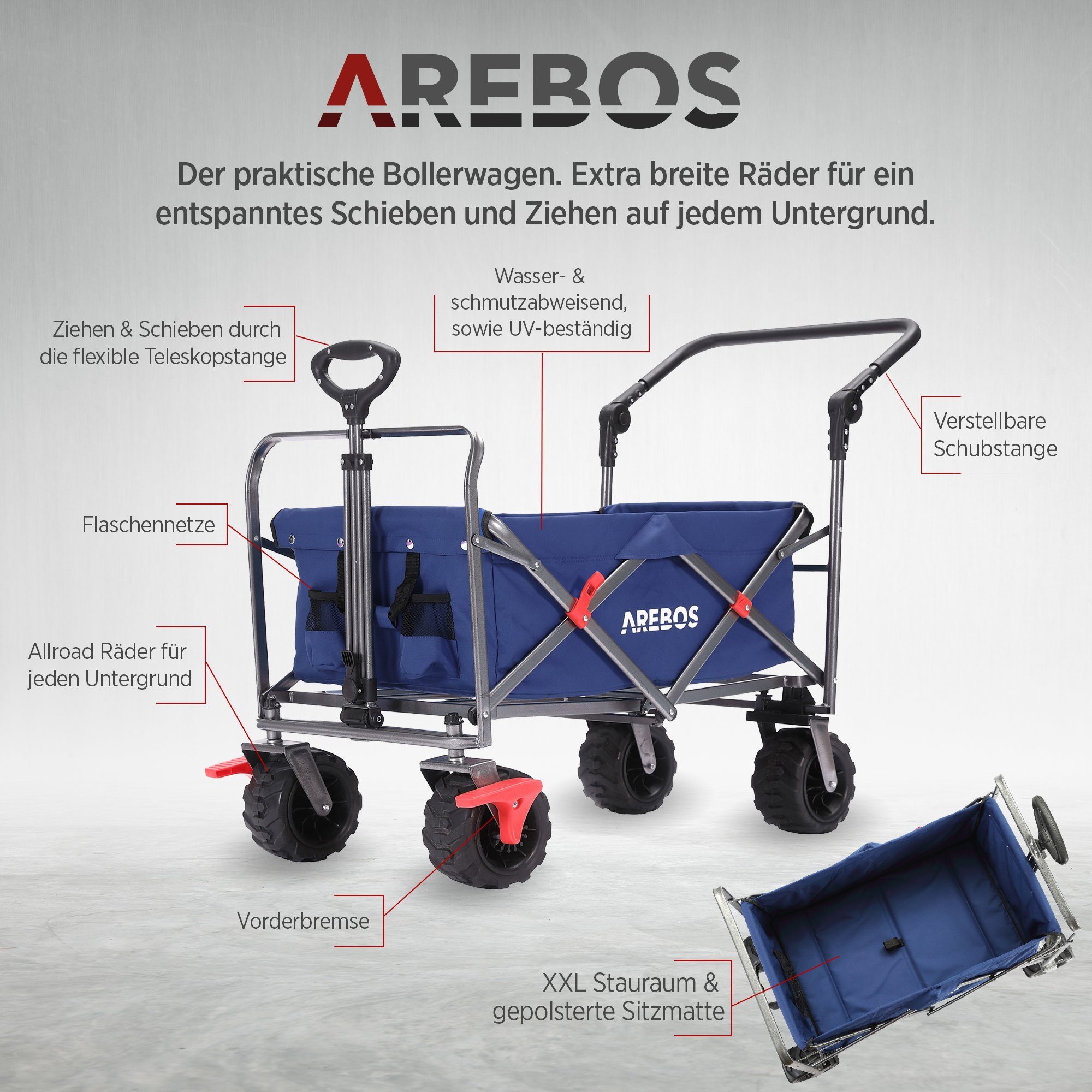 Arebos Bollerwagen faltbar, bis Handwagen, belastbar 100kg Blau zu Gerätewagen, Faltwagen, Transportkarre