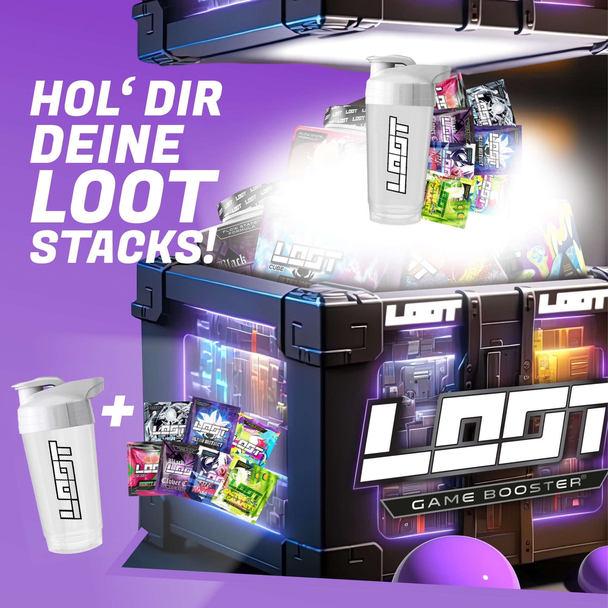 LOOT LOOT® Shaker mit 7 Game Booster Stacks mit Koffein Taurin Energy Drink Pulver, 56 g, Enthält Koffein (200 mg pro Portion)