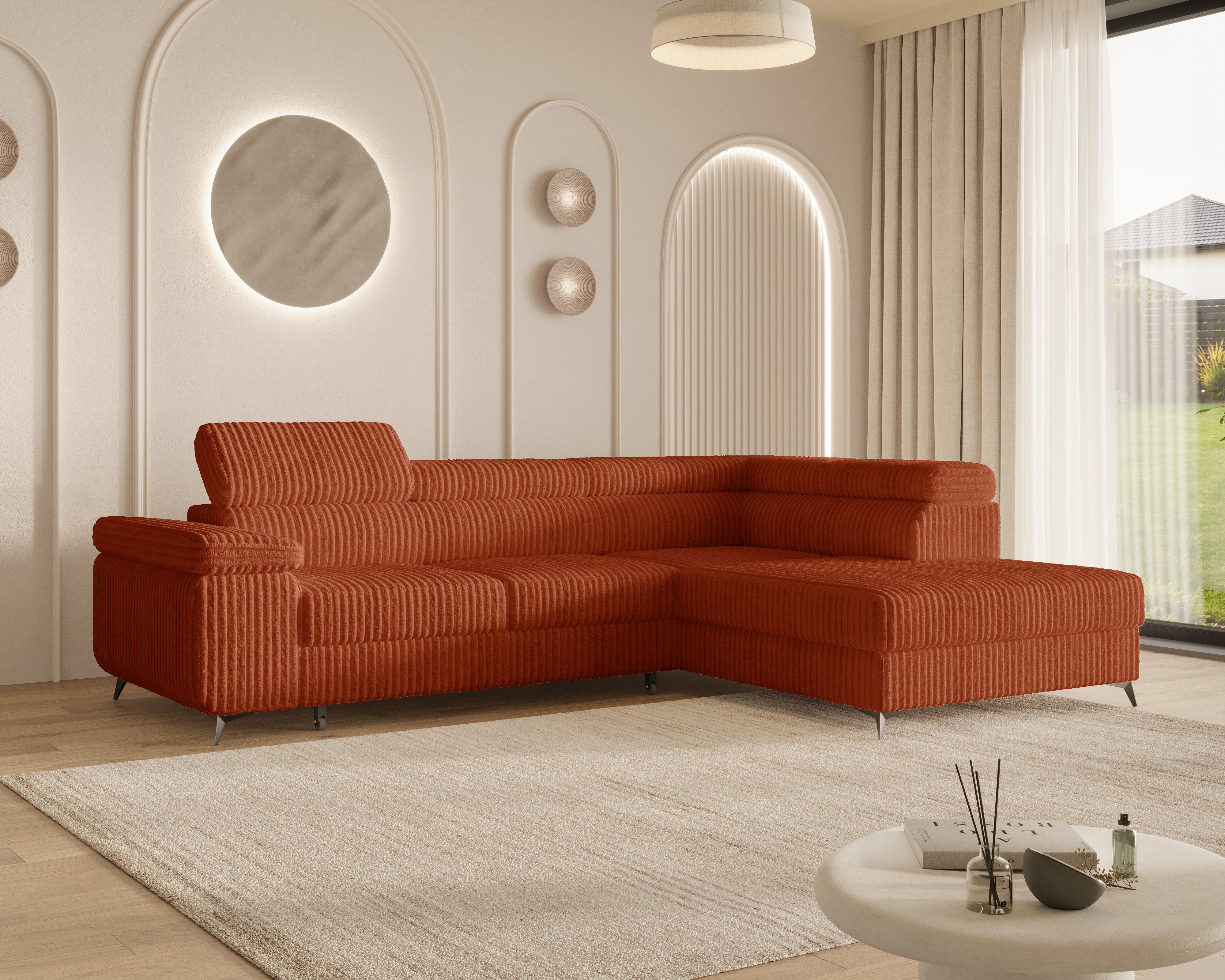 MOEBLO Ecksofa OSTIN, 290 cm – Modernes L-Sofa mit Schlaffunktion, Bettkasten und verstellbaren Kopfstützen, Cord oder Strukturstoff, - (BxHxT): 290 x 75–90 x 202 cm