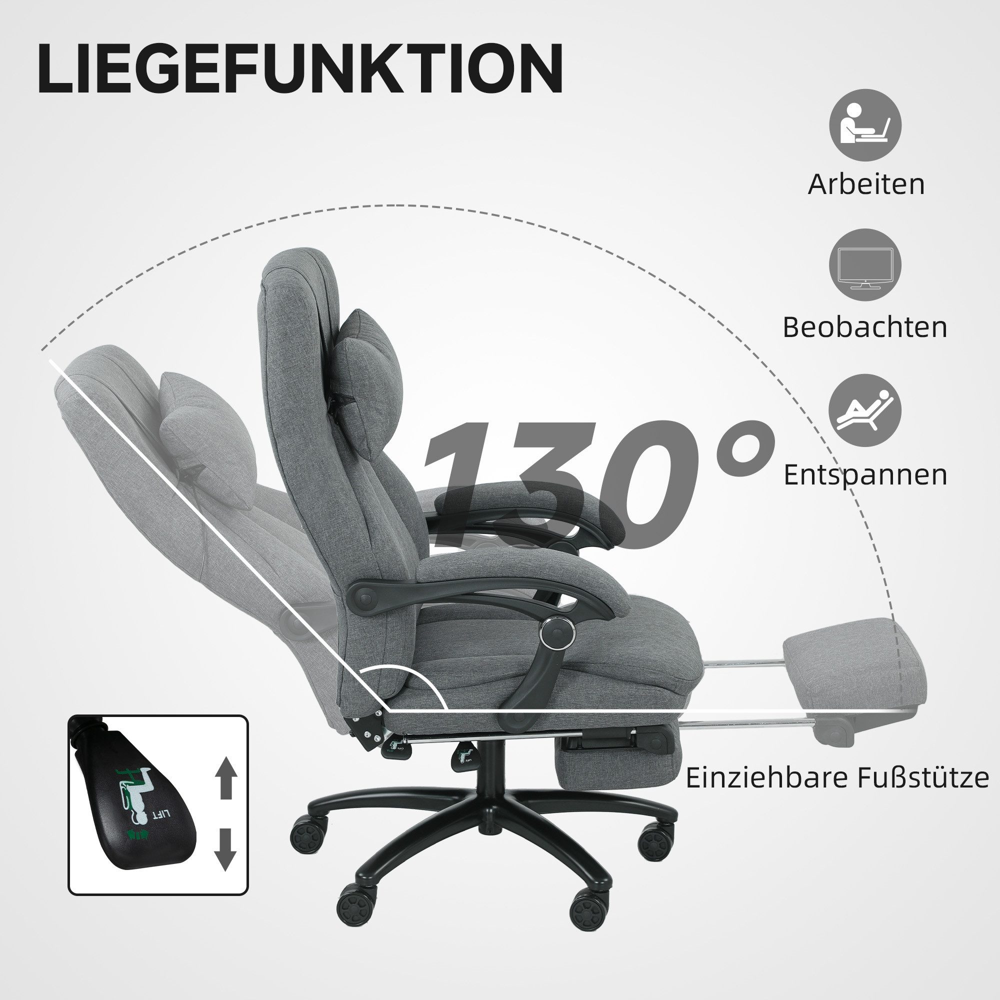 Vinsetto Schreibtischstuhl Bürostuhl, Massagefunktion, Fußstütze, USB-Schnittstelle (Höhenverstellbar Drehbar Chefsessel, 1 St), mit Leinenoptik, Dunkelgrau – Bild 5 von 5