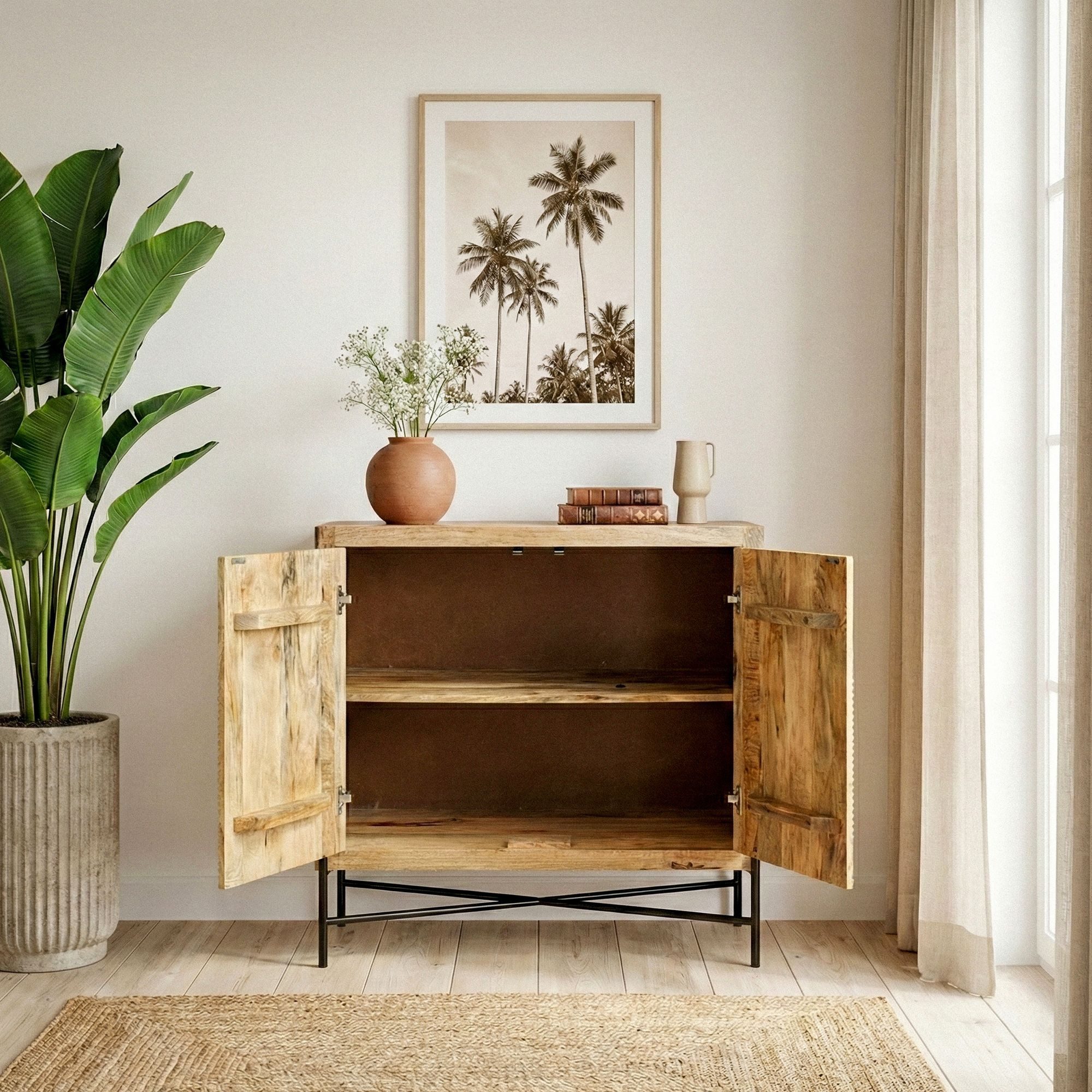 FINEBUY Sideboard FB114723 Kommode Massivholz 91x96cm Standschrank Anrichte Flurschrank (Ausdrucksstarke Linien mit Tiefe), Natürliche Holzstruktur als Blickfang