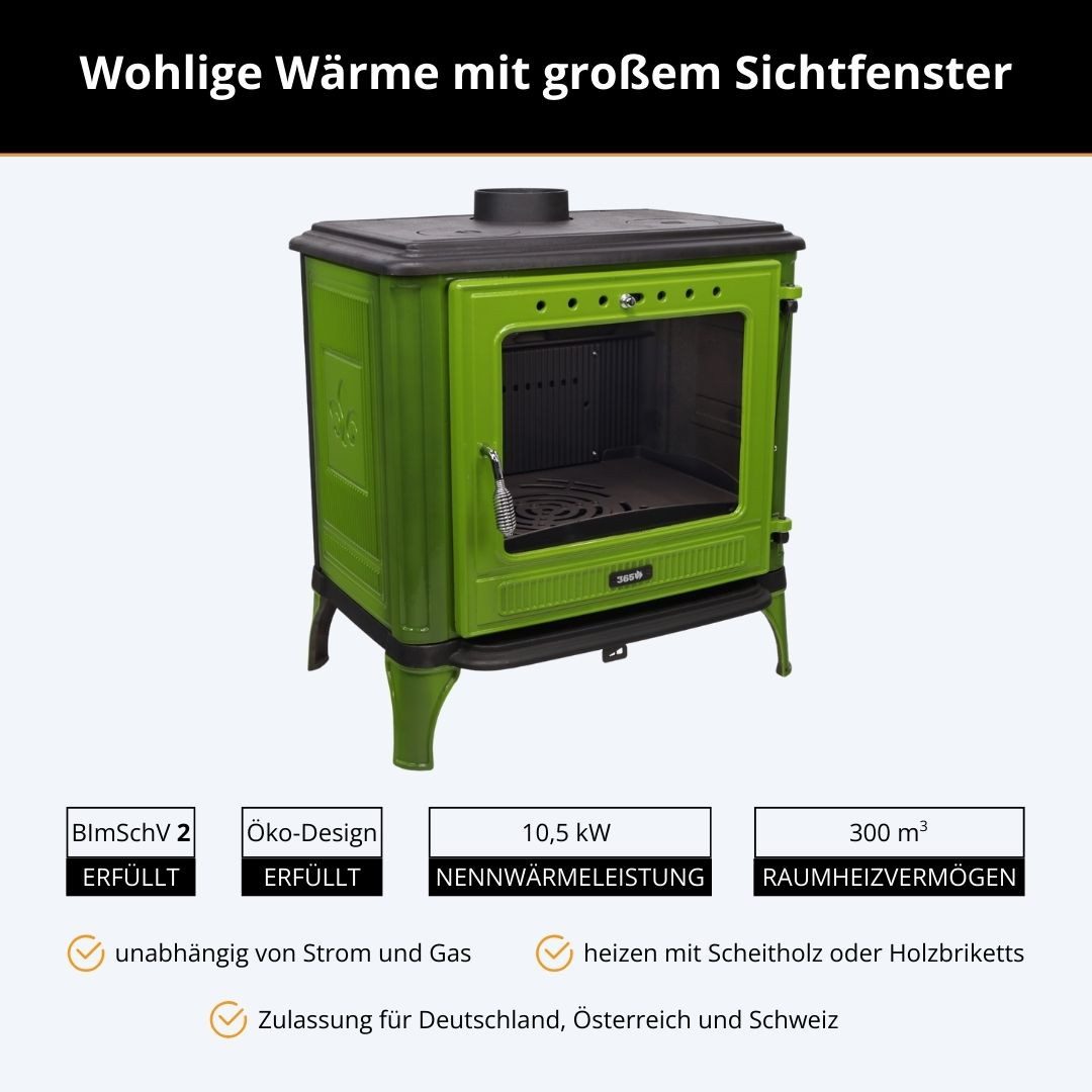 365 Kaminofen 365® Ferrox 75 grün emailliert 10,5 kW Gusseisen A+, 10,5 kW