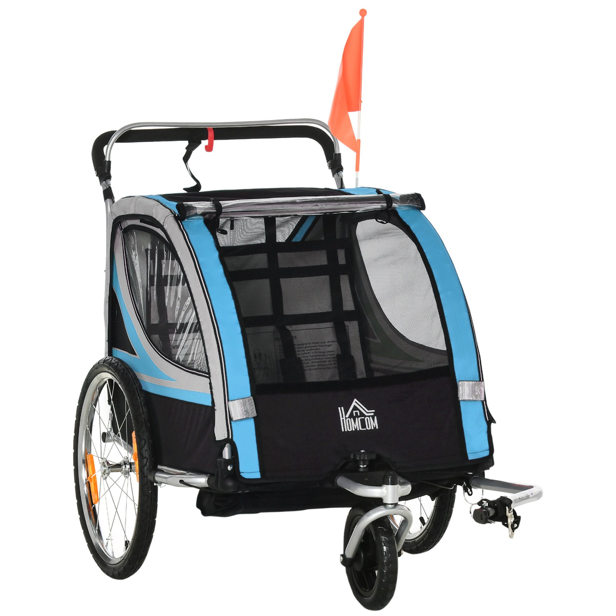 HOMCOM Fahrradkinderanhänger Kinderanhänger, Fahrradanhänger, für 2 Kinder, Blau, 2-in-1 Design, faltbar