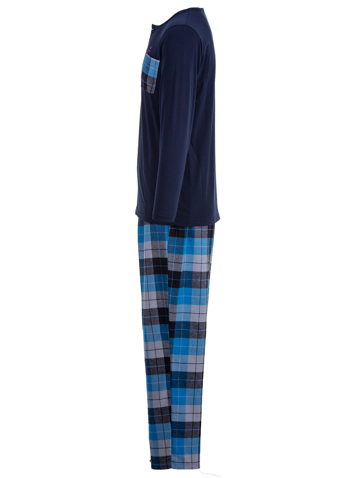 Henry Terre Pyjama Carlo Langarm - Hose & Brusttasche Karo Design Shirt Uni Knopfleiste – Bild 2 von 5