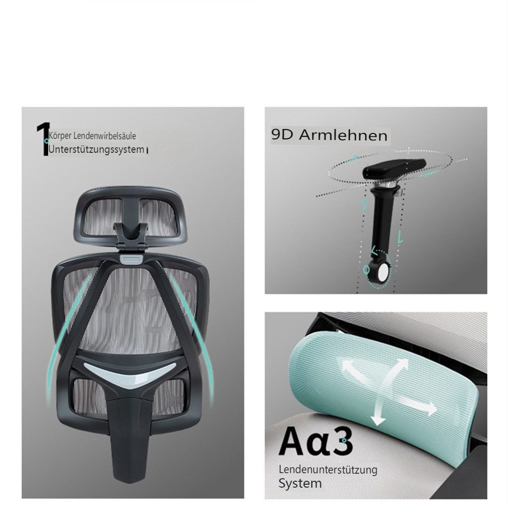 MECO Gaming-Stuhl Mesh-Bürostuhl mit 8D-Kopfstütze, 3D-Lendenstütze, 9D-Armlehnen, ergonomischer Schreibtischstuhl mit 145° Neigung, atmungsaktiv