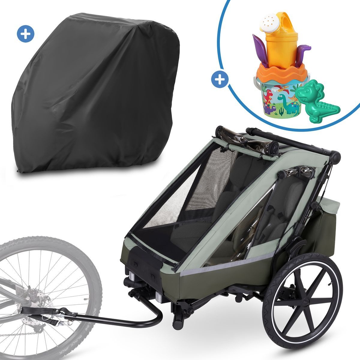 ABC Design Fahrradkinderanhänger Tour 2 - Olive, Fahrrad Anhänger, Kinderwagen & Jogger für 2 Kinder mit Faltgarage
