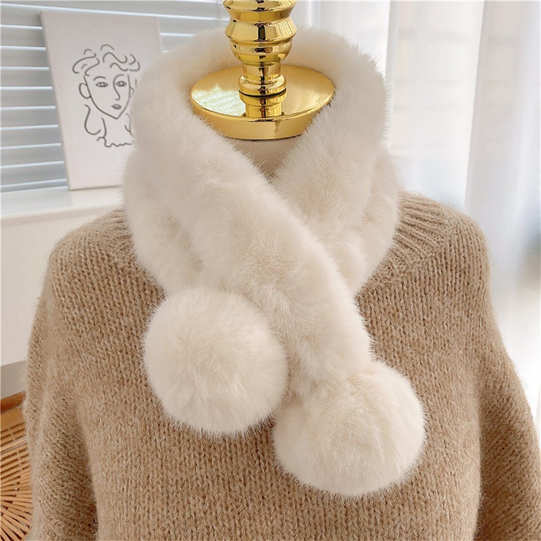 DÖRÖY Modeschal Damen Faux Otter Kaninchen Pelz Schal, Winter Faux Fur Plüsch Schal Beige