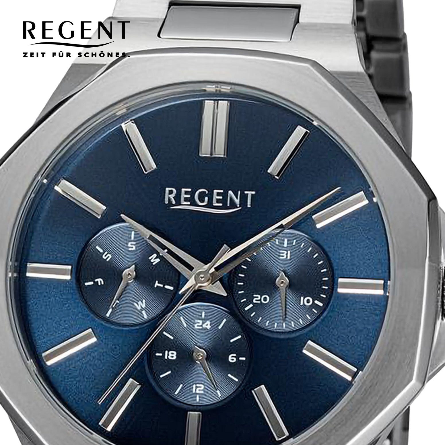 rund, extra Armbanduhr groß Armbanduhr 42mm), Herren Analog, (ca. Regent Metallarmband Herren Regent Quarzuhr