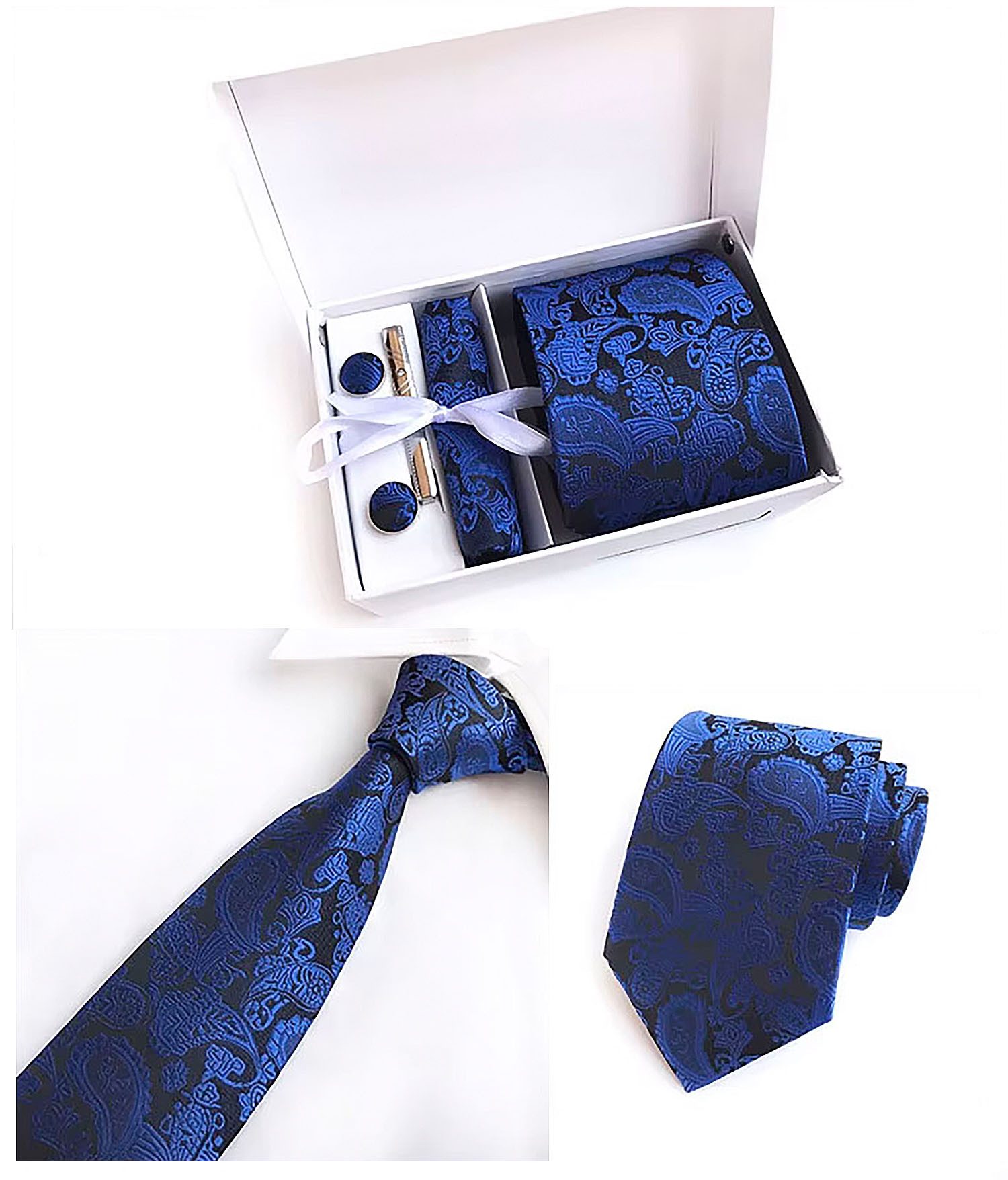 Moschen-Bayern Krawatte Seidenkrawatte Krawatte Herrenkrawatte 100% Seide 4-tlg. Geschenkbox (Set, Set-4tlg. - Krawatte + Einstecktuch + Manschettenknöpfe + Nadel) Set-4tlg. - Krawatte + Einstecktuch + Manschettenknöpfe + Nadel