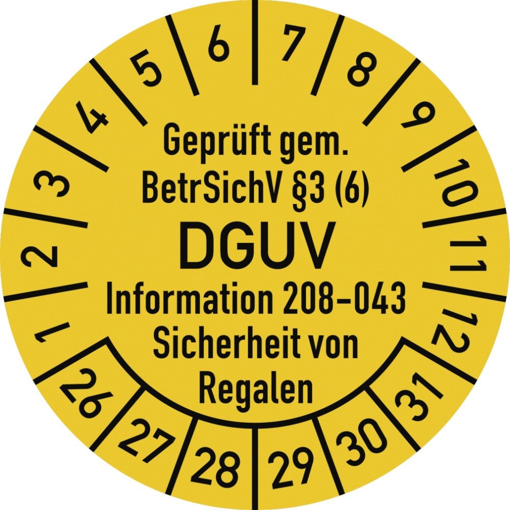 Hinweisschild Prüfplakette BetrSichV §3 DGUV 208-043, 2026-2031,Dokumentenf.,Ø 30mm
