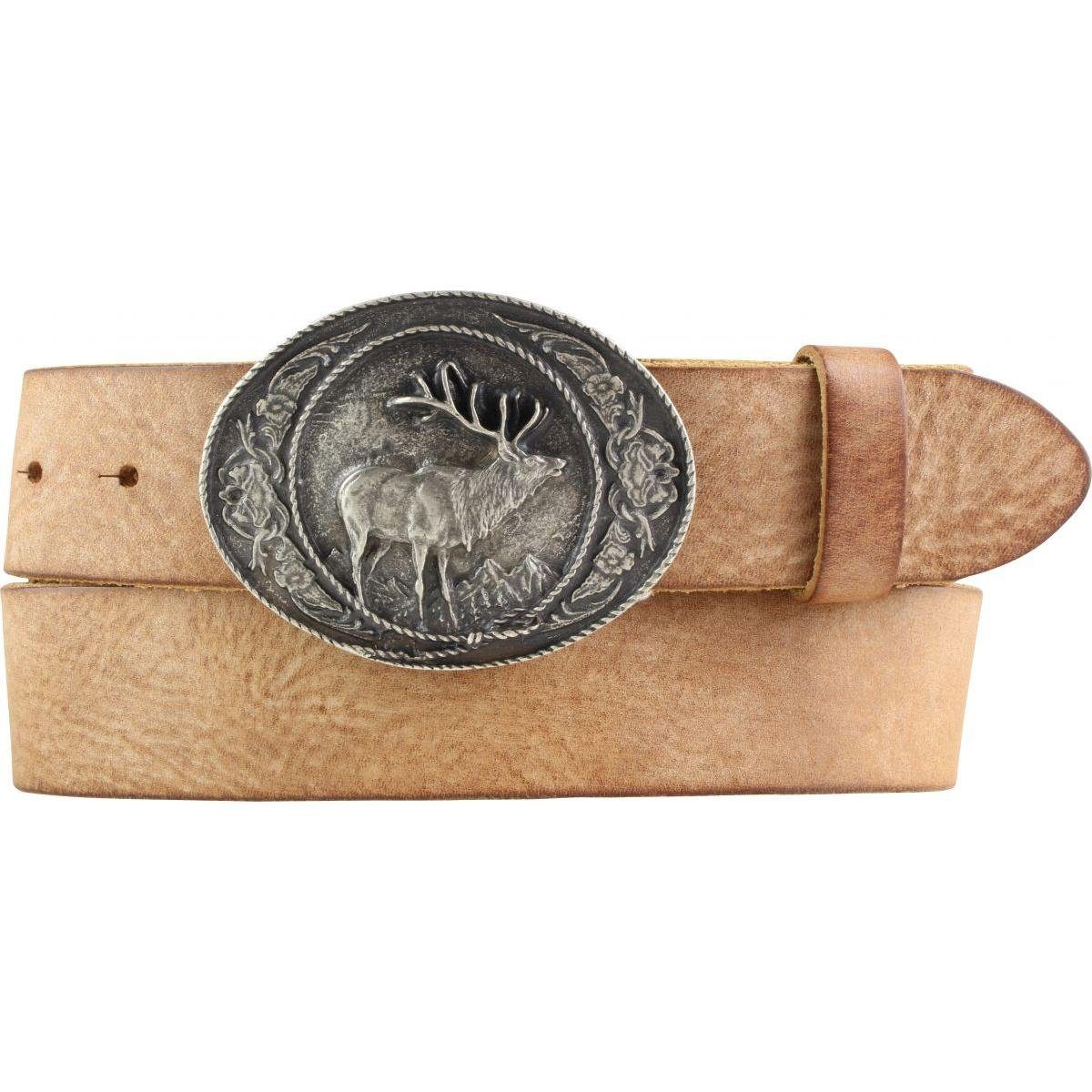 Ledergürtel Jagd-Gürtel mit Hirsch-Gürtelschnalle aus weichem Vollrindleder 4 cm U