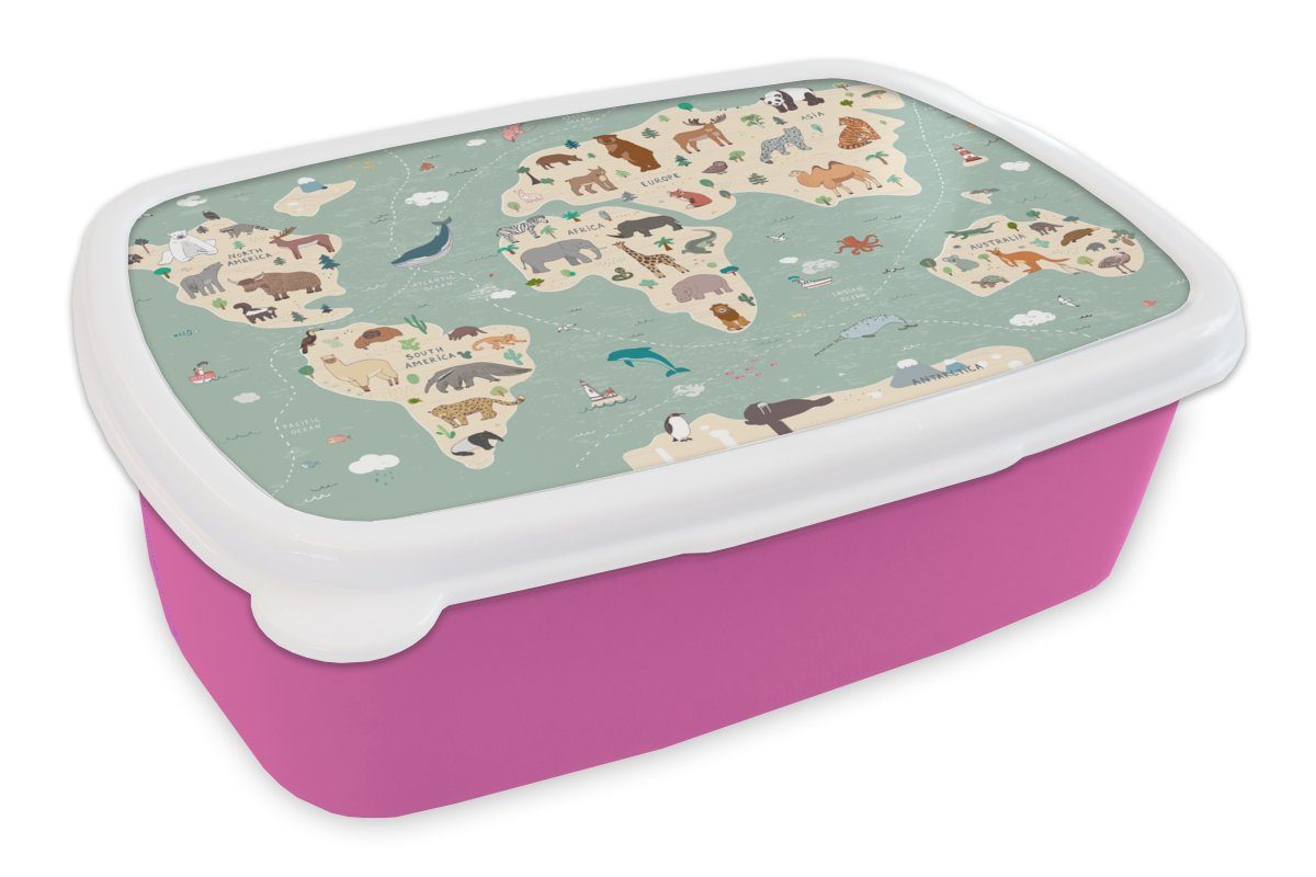 MuchoWow Lunchbox Erde - Weltkarte Kinder - Tiere - Jungen - Mädchen - Blau, Kunststoff, (2-tlg), Brotbox für Erwachsene, Brotdose Kinder, Snackbox, Mädchen, Kunststoff rosa