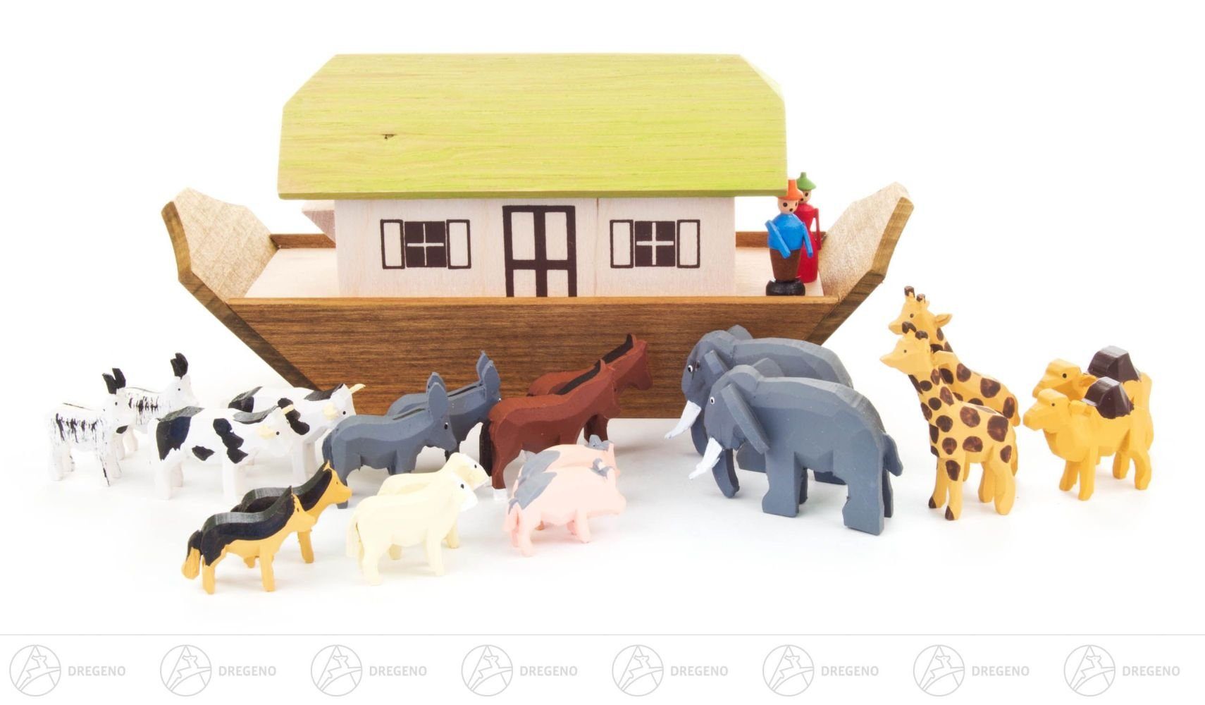 Dregeno Erzgebirge Räuchermännchen Miniatur Arche Noah NEU, 10 Tierpaaren 18x9x6cm BxHxT Figuren und mit = Noah Arche klein