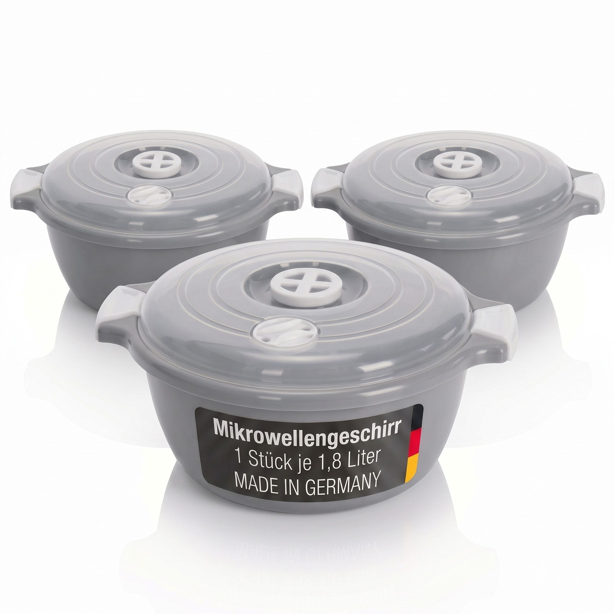 Lantelme Mikrowellenbehälter 3er Set mit Deckel und Dampfventil Mikrowellenschüssel 1,8 Liter, Kunststoff, (3-tlg., Schüssel auch für Kühlschrank und Picknick), Deutsche Herstellung, Mikrowellentöpfe