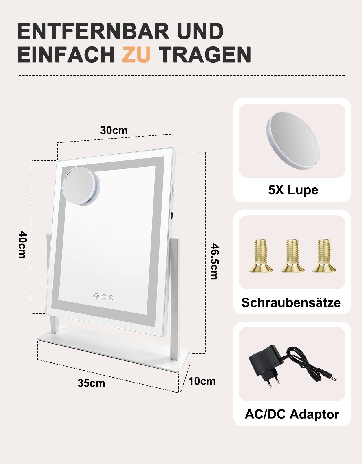 ZMH Schminkspiegel mit Beleuchtung, LED Kosmetikspiegel 3 Lichtfarben,Tischspiegel (dimmbar, Touch, Memory-Funktion), USB-Anschluss – Bild 4 von 5