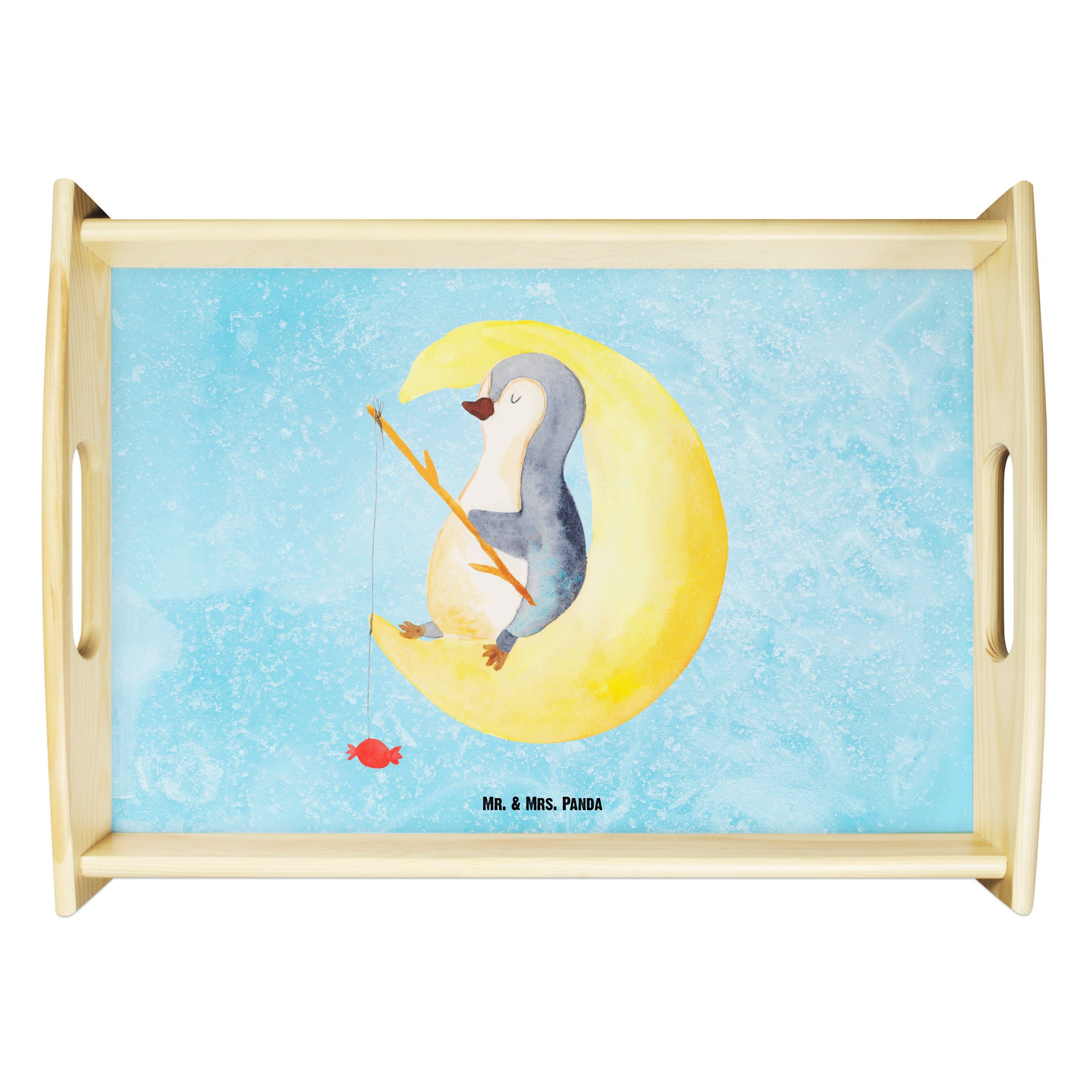 Mr. & Mrs. Panda Tablett Pinguin Mond - Eisblau - Geschenk, Angel, Dekotablett, Holztablett, N, Echtholz lasiert, (1-tlg)