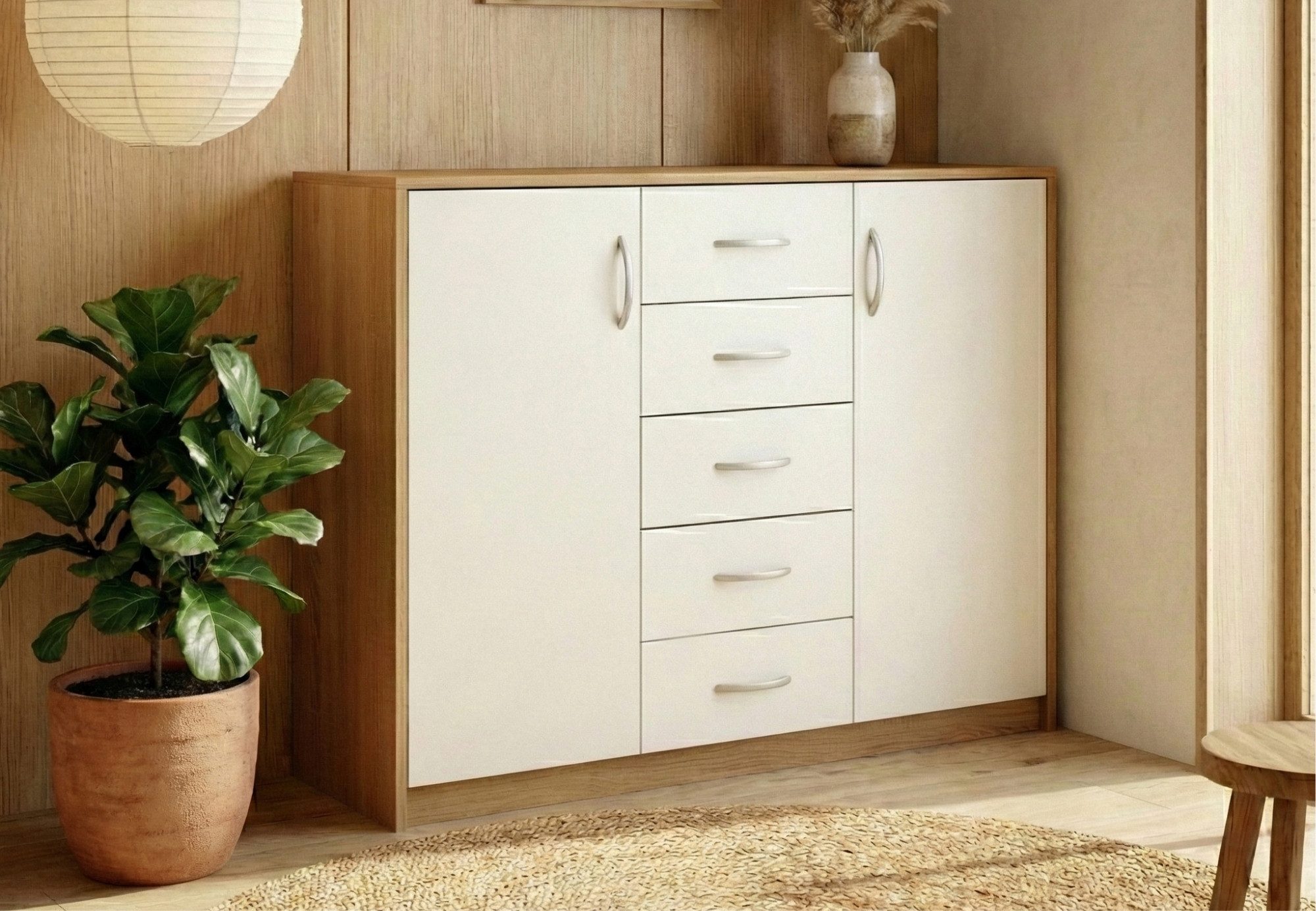 Home Collective Kommode mit 5 Schubladen und 2 Türen in matter Ausführung, Kommode 110cm breit (mit hochwertigen Polymergriffen, aus laminierter Platte gefertigt, Metallrollen mit Auszugsstopp), Holz Schrank Sideboard Highboard Kommode mit Schubladen sono