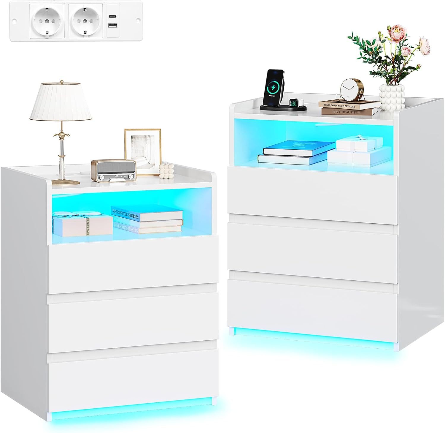 MSMASK Nachttisch mit 3 Schubladen, Steckdosenleiste und LED-Beleuchtung (2 günstig online kaufen