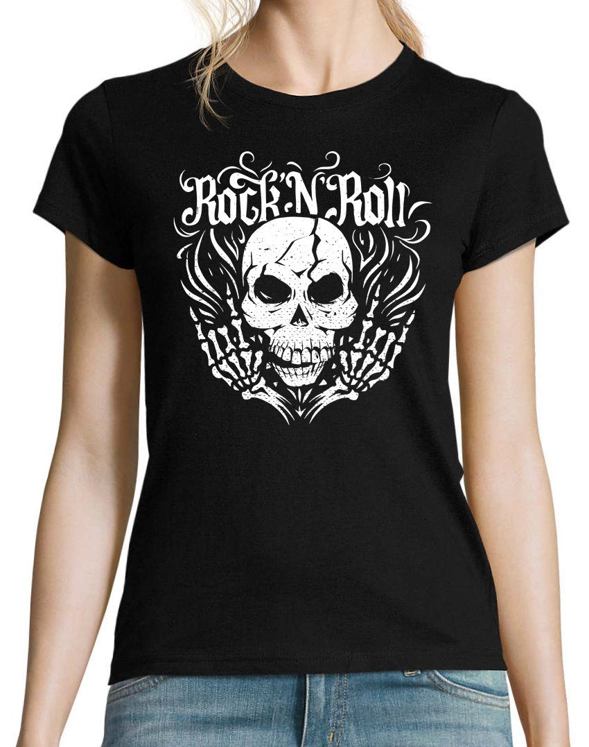 Print Skull Roll T-Shirt Rock modischem and Designz Youth Mit Shirt Schwarz Fun-Look Damen im