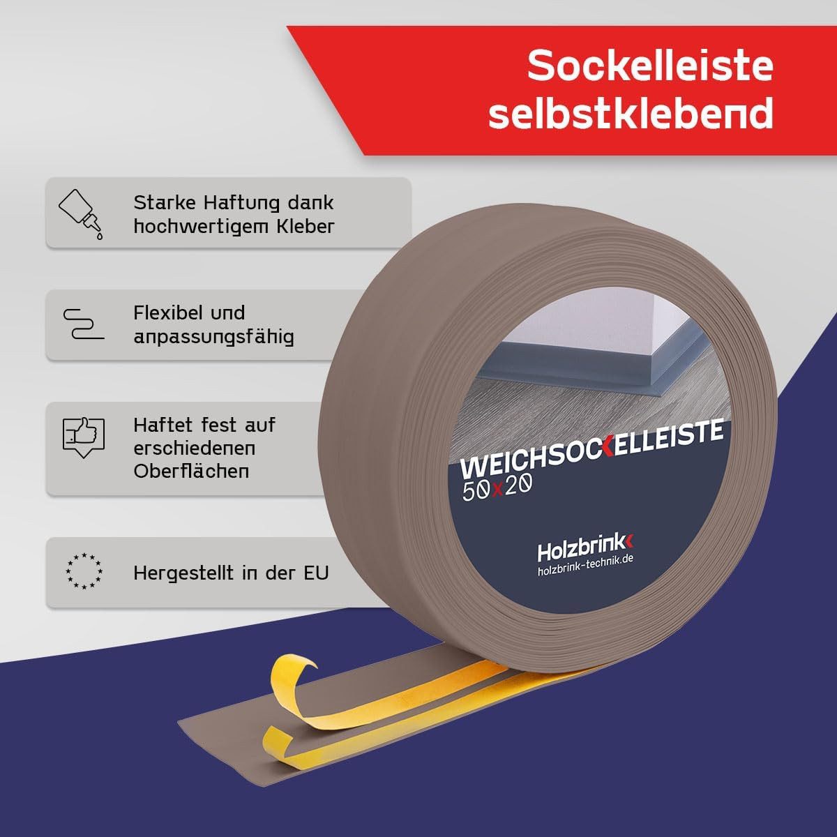 HOLZBRINK Sockelleiste HOLZBRINK selbstklebend PVC 50x20mm, 1 m, L: 100 cm, 1m Rolle, Küchenleiste Abschlussleiste für Badezimmer Farbe: Cappuccino – Bild 3 von 5