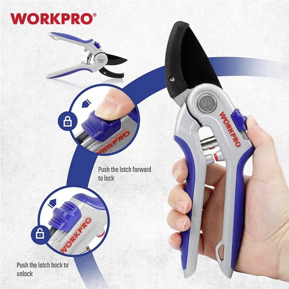 WorkPro Astschere Gartenschere WP332012, mit Schnitthöhenverstellung, inkl. Gras- und Strauchscherenvorsatz